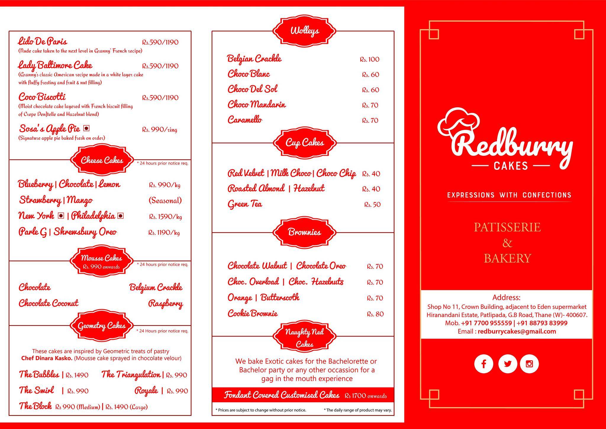 Redburry Cakes menu
