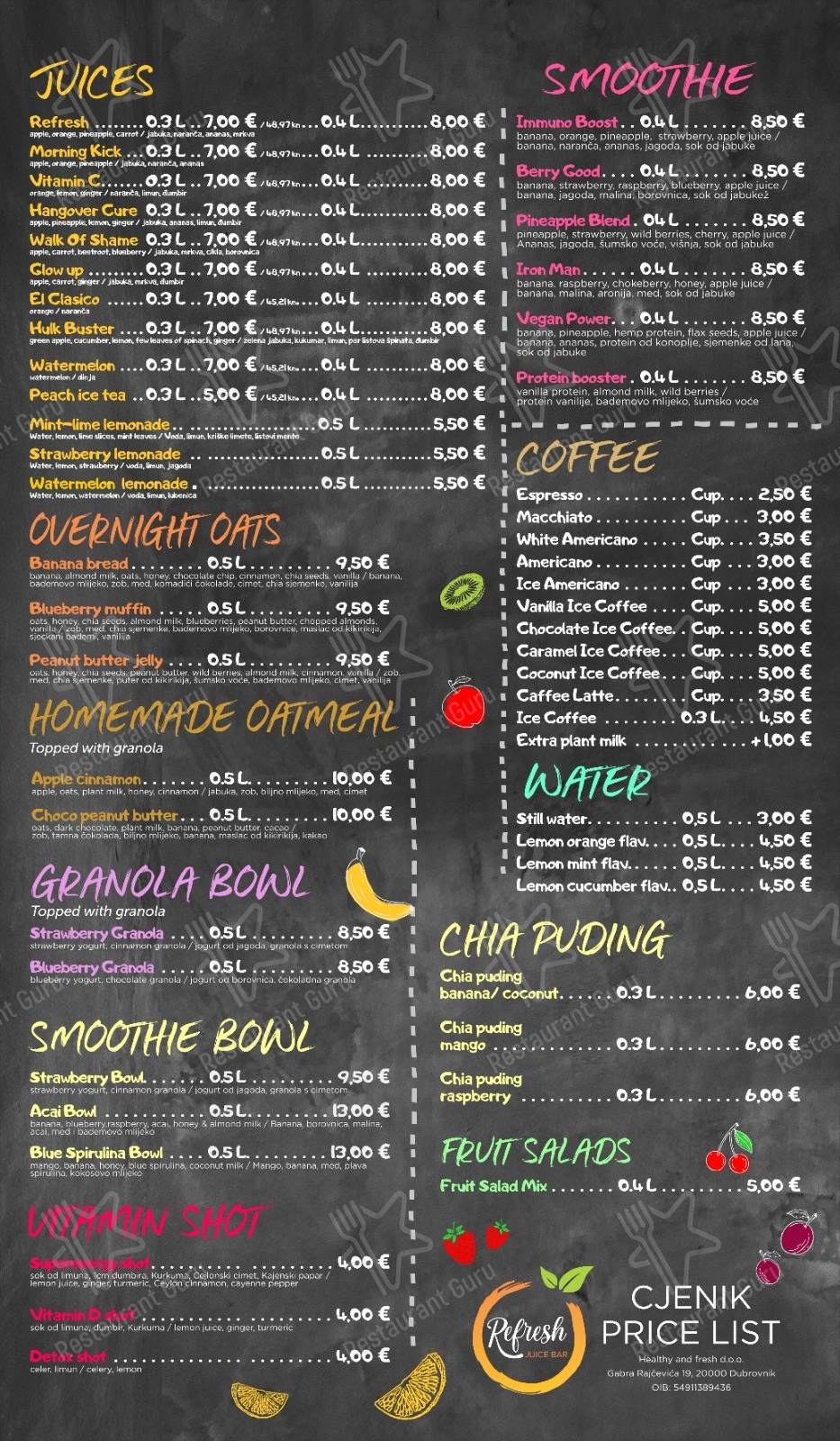 Découvrez le menu pour Refresh juice bar