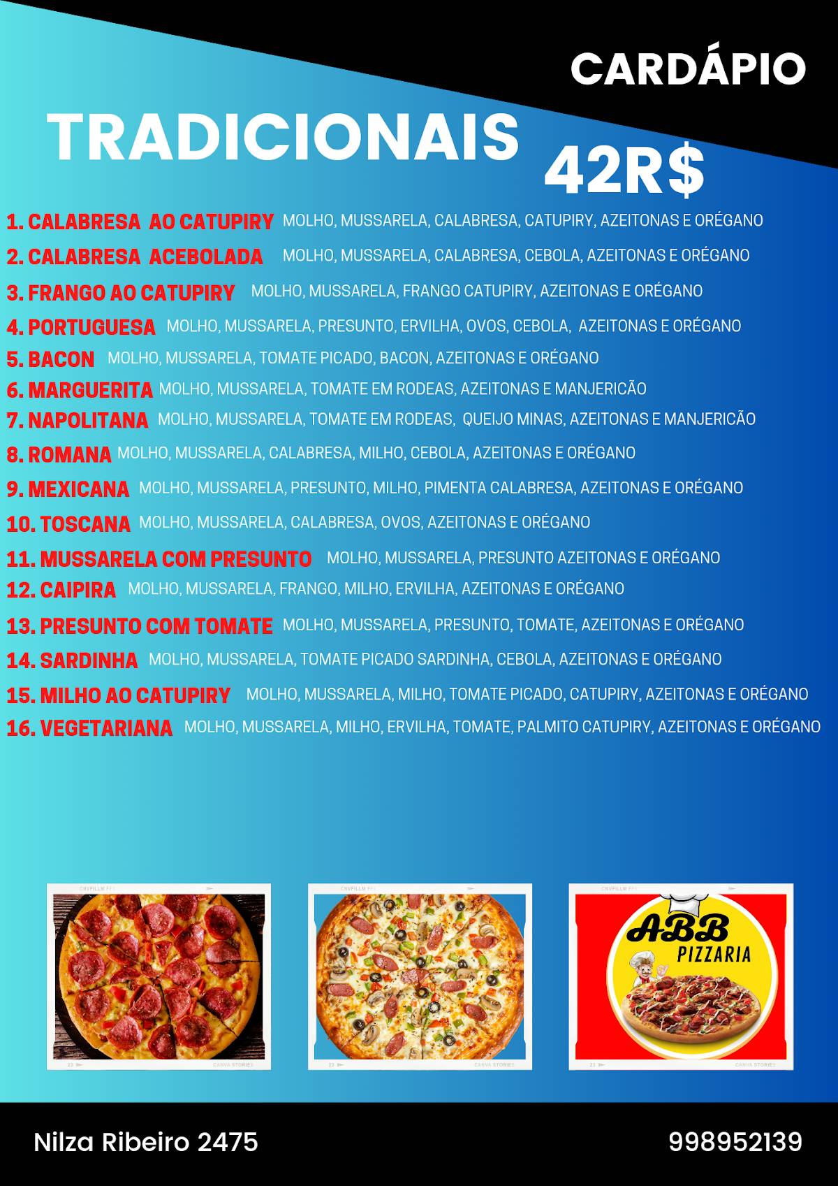 ABB PIZZARIA cardápio