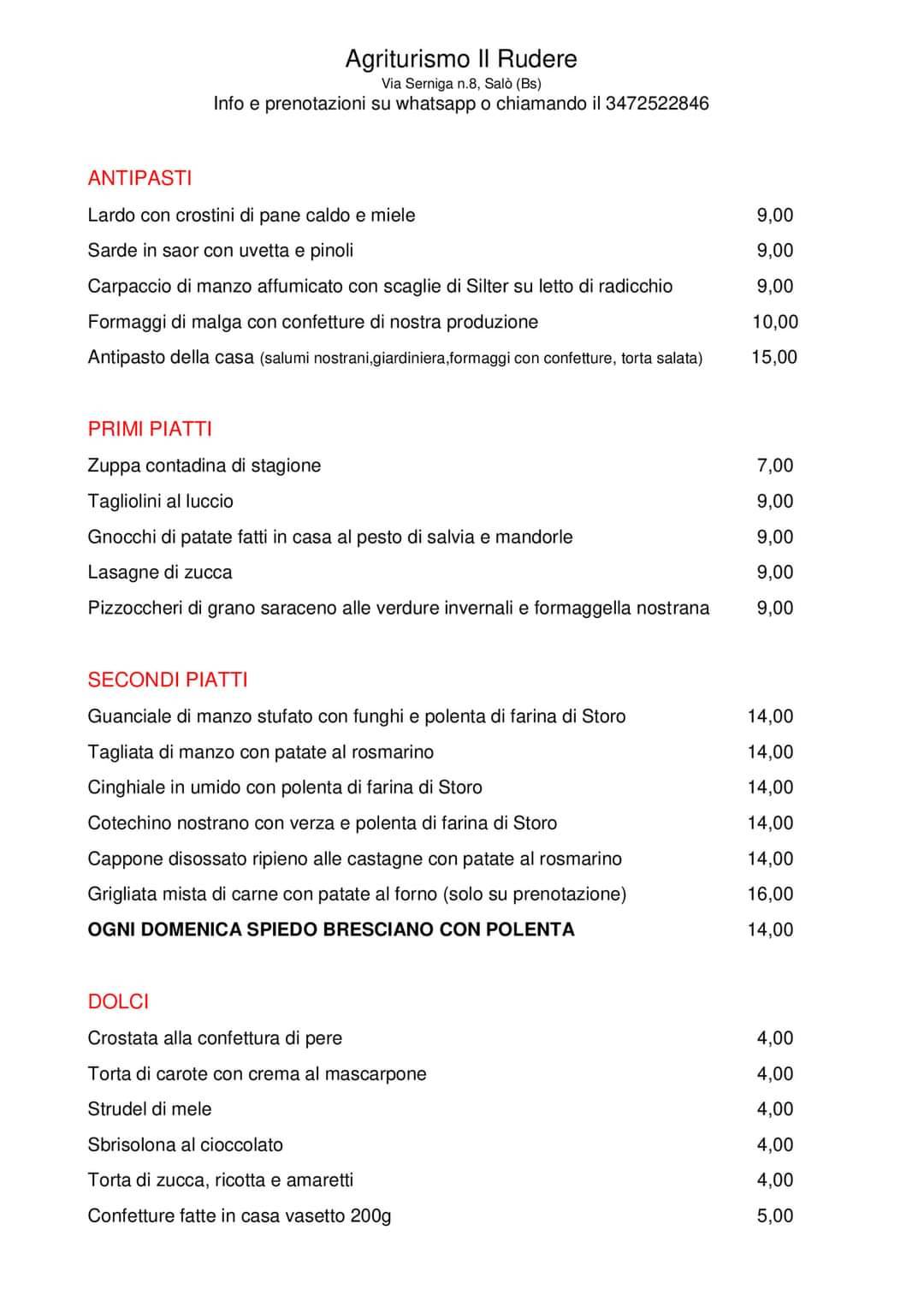 Menu di Agriturismo il Rudere 