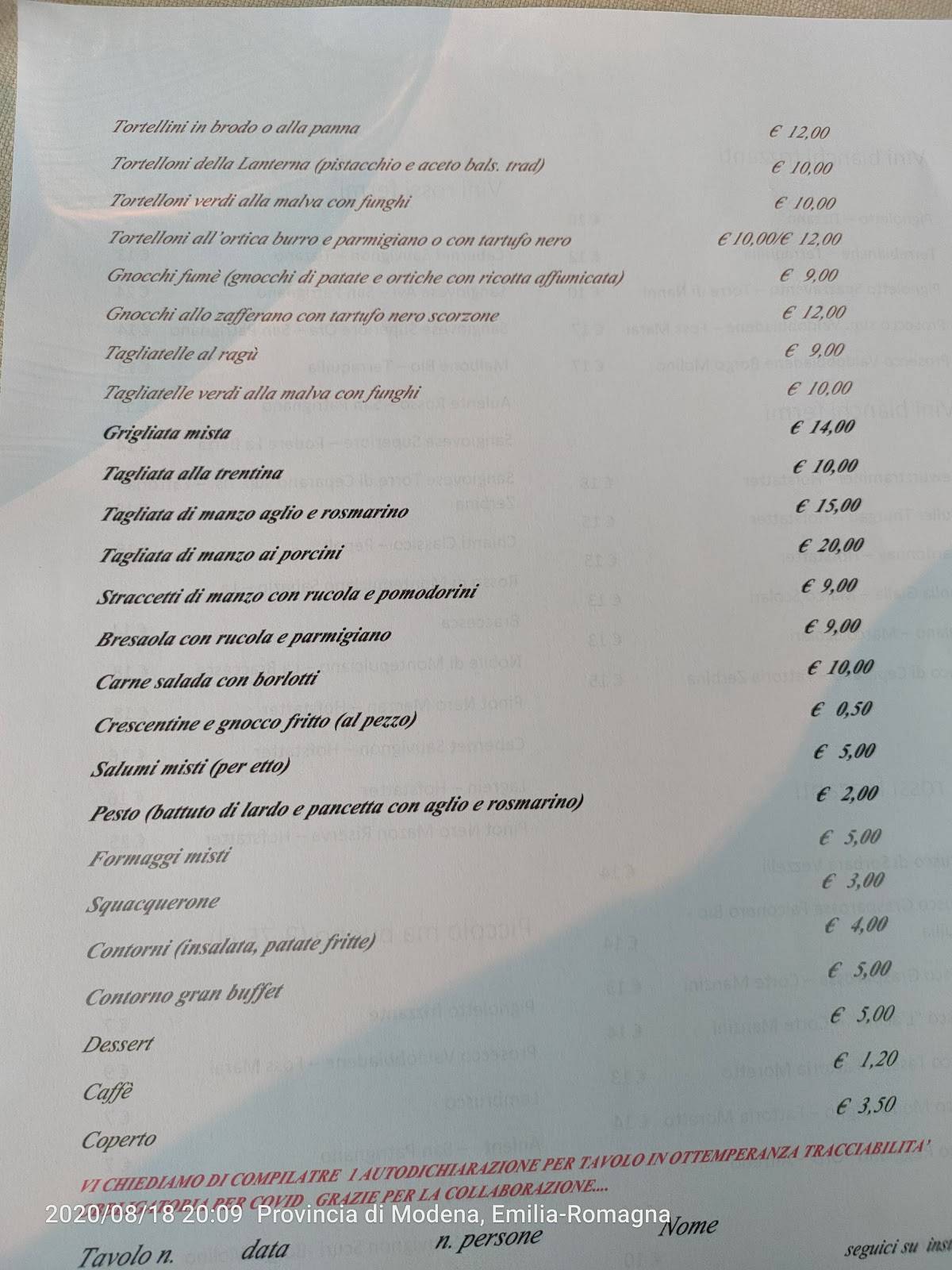 Menu da Albergo Ristorante La Lanterna, Guiglia