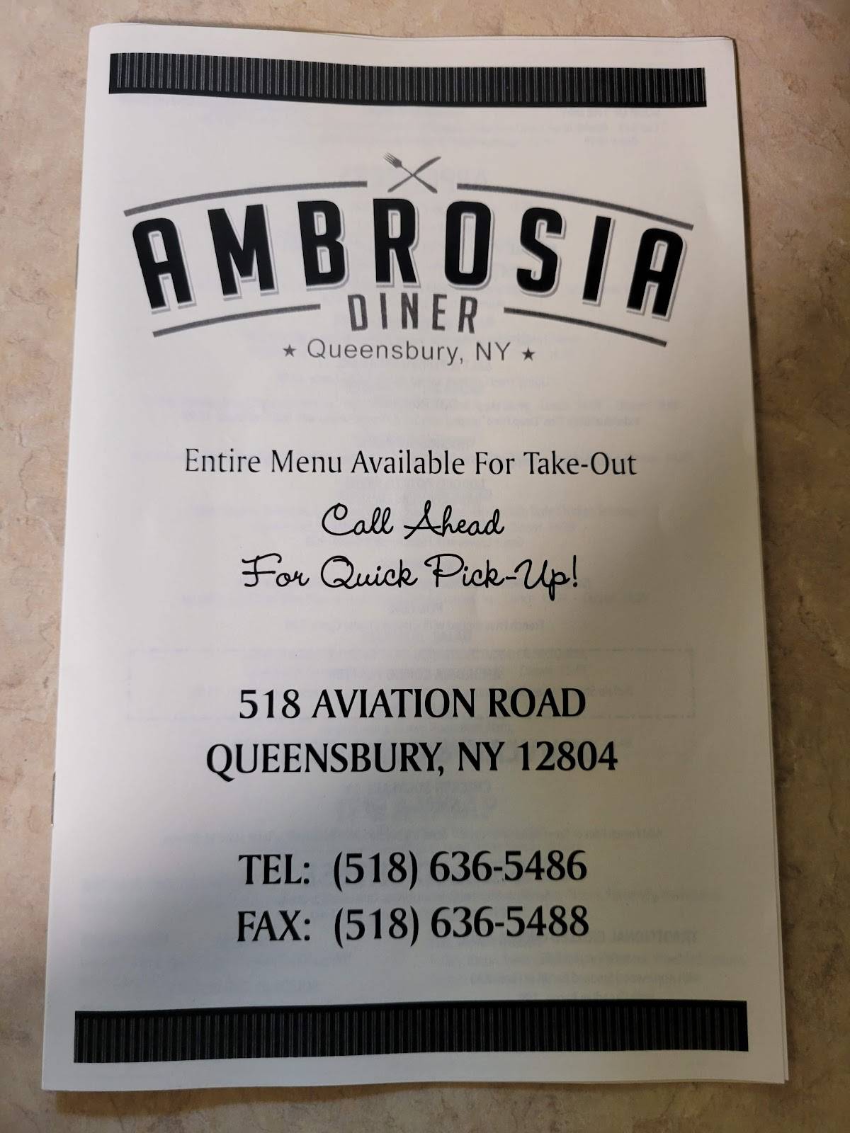 Menu at Ambrosia Diner restaurant, Queensbury, 518 Aviation Rd