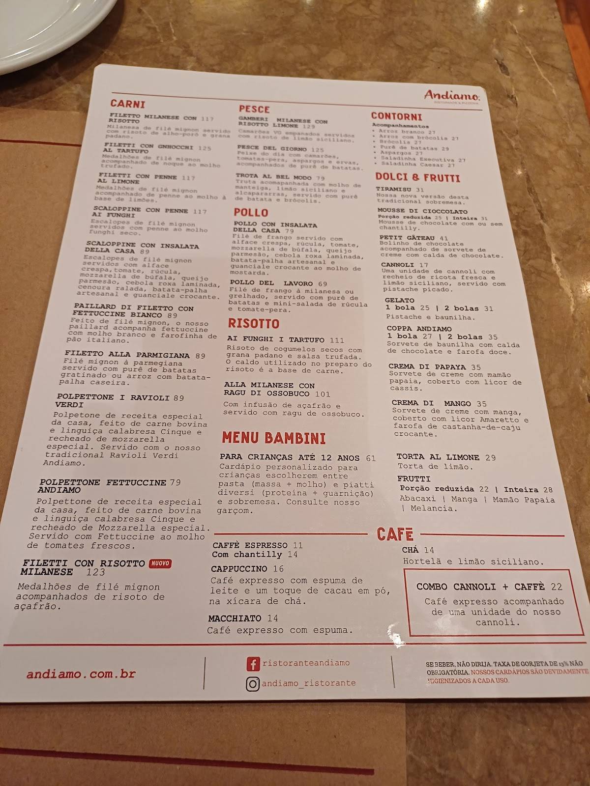 Andiamo (Shopping Pateo Paulista) cardápio