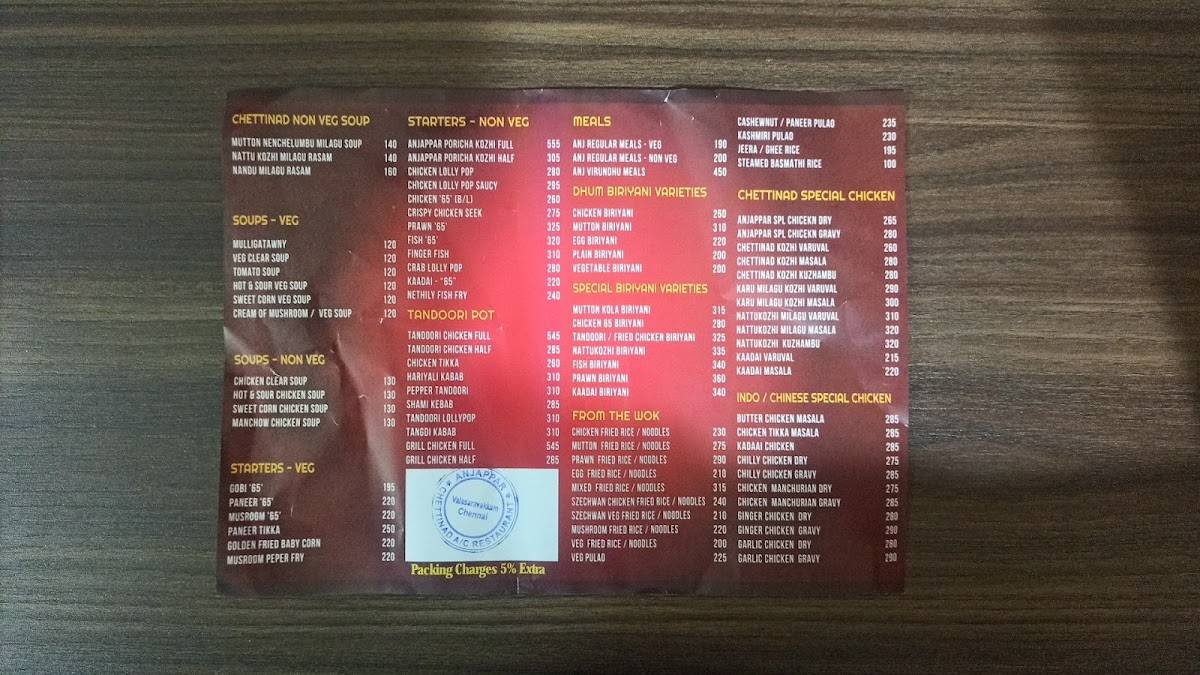 Anjappar Chettinad Restaurant menu