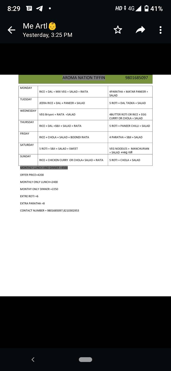 Aroma nation tiffin services menu