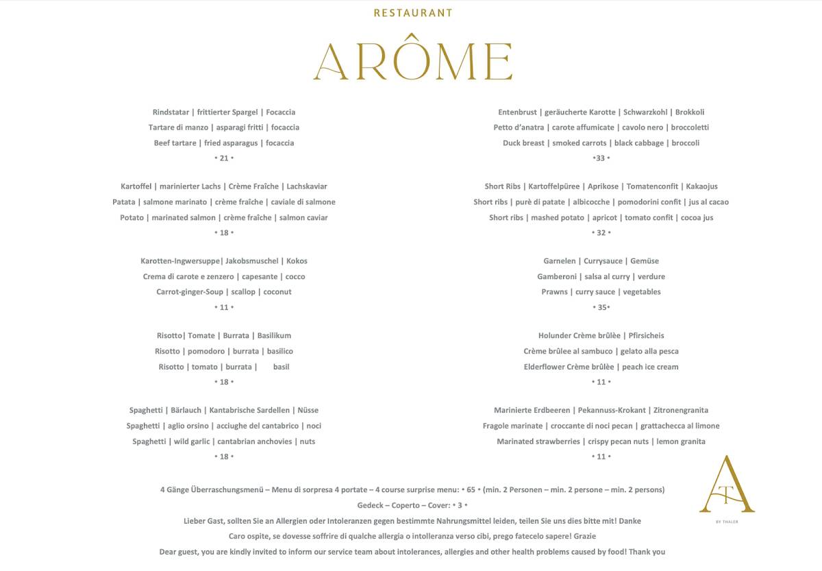 Menu di Restaurant Arôme Thaler 