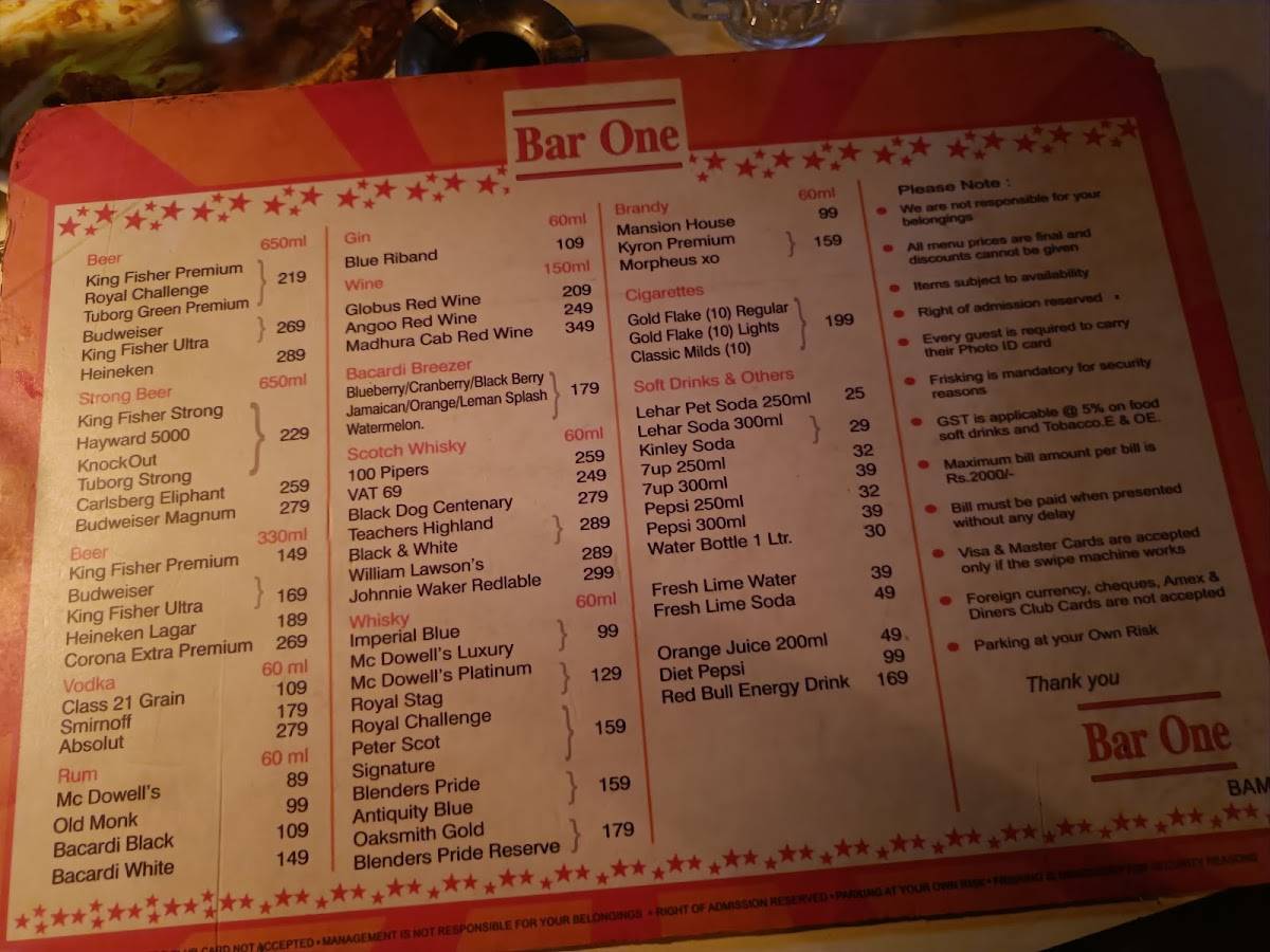 Bar One menu