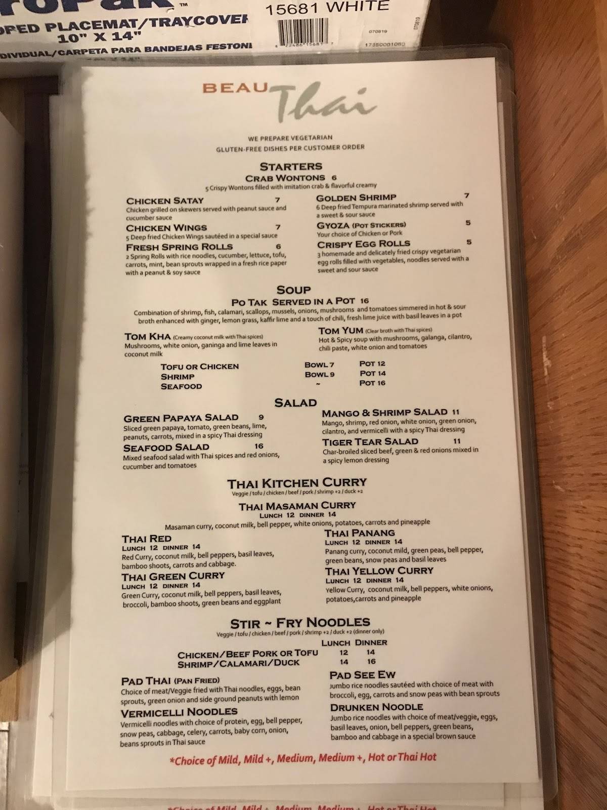 Menu at Beau Thai Restaurant, Evergreen