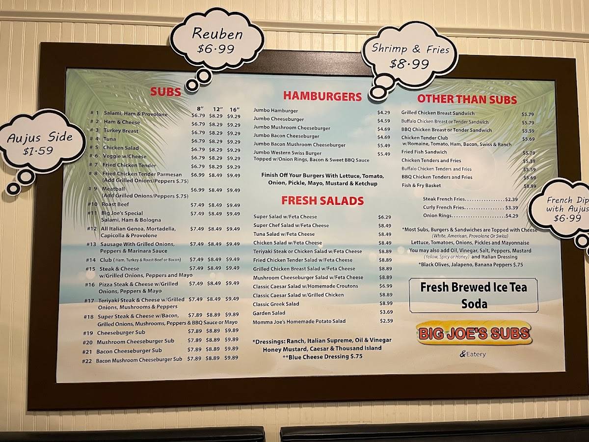 Menu at Big Joe's Subs restaurant, New Smyrna Beach