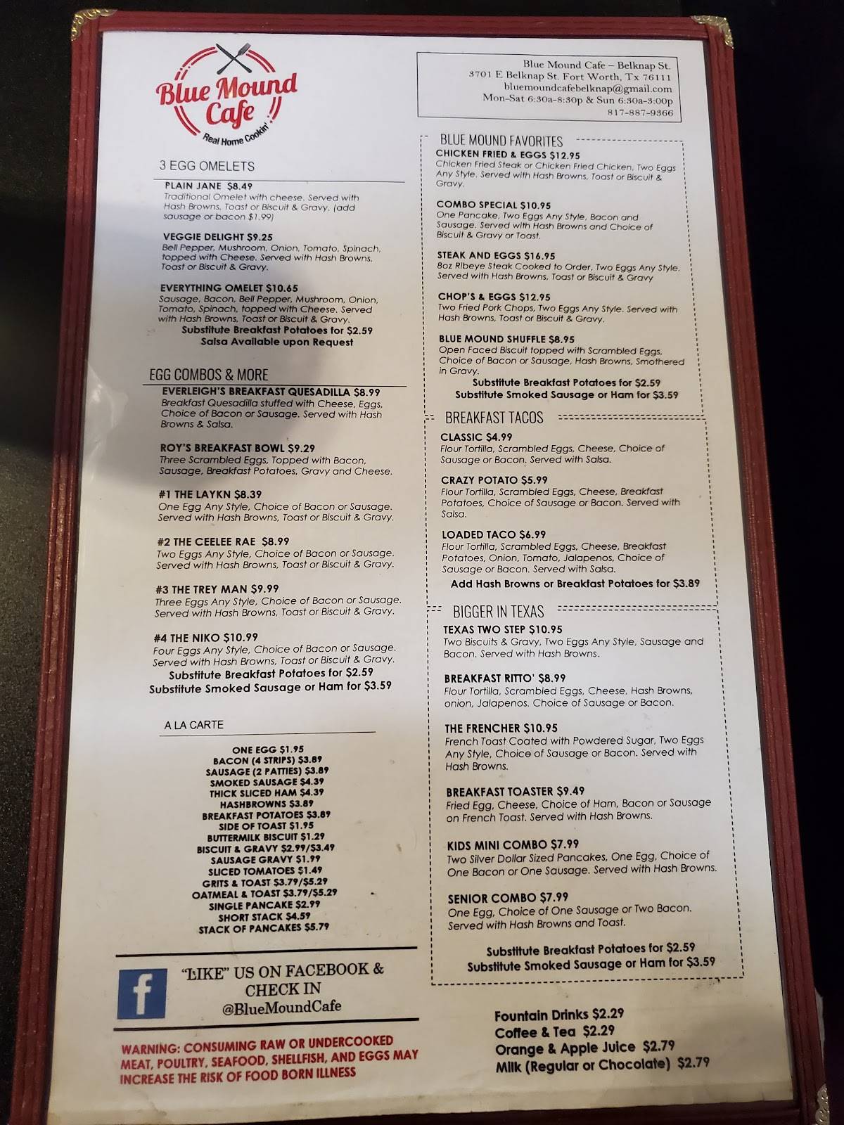 Menu at Blue Mound Cafe - Belknap, Fort Worth