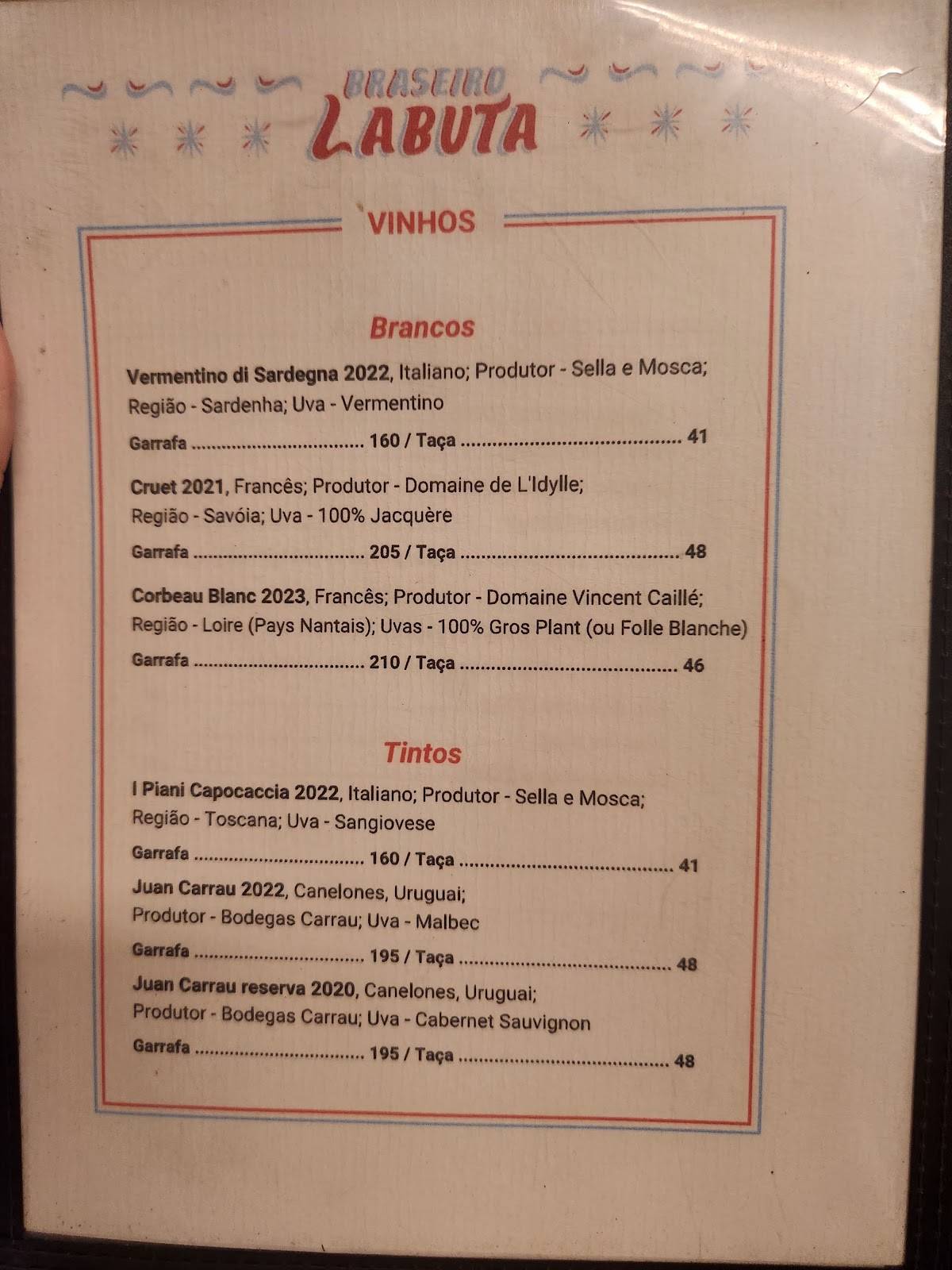 Braseiro Labuta cardápio