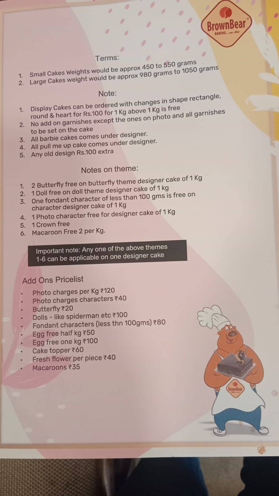 Brown Bear Bakers menu