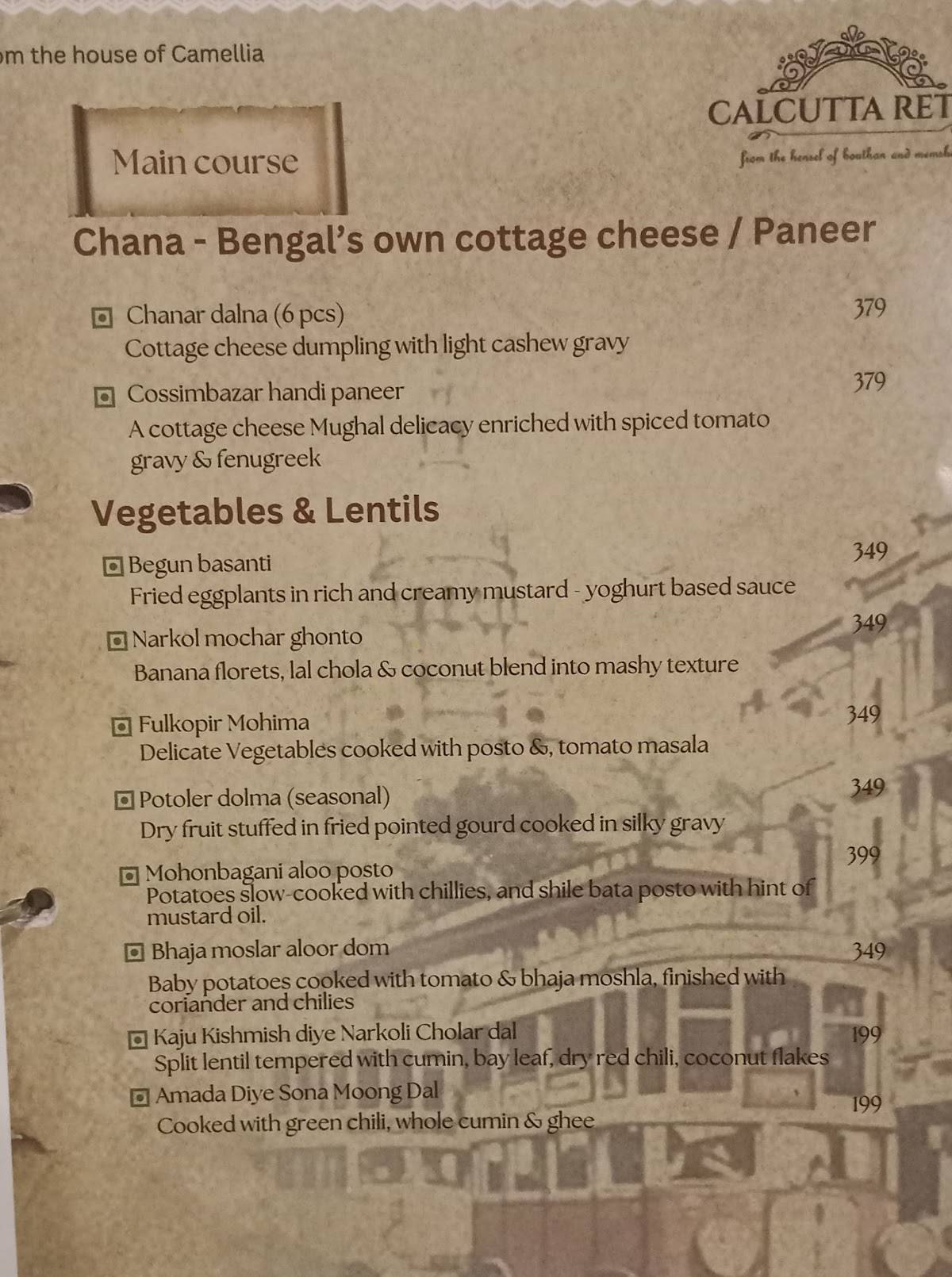 Calcutta Retro menu