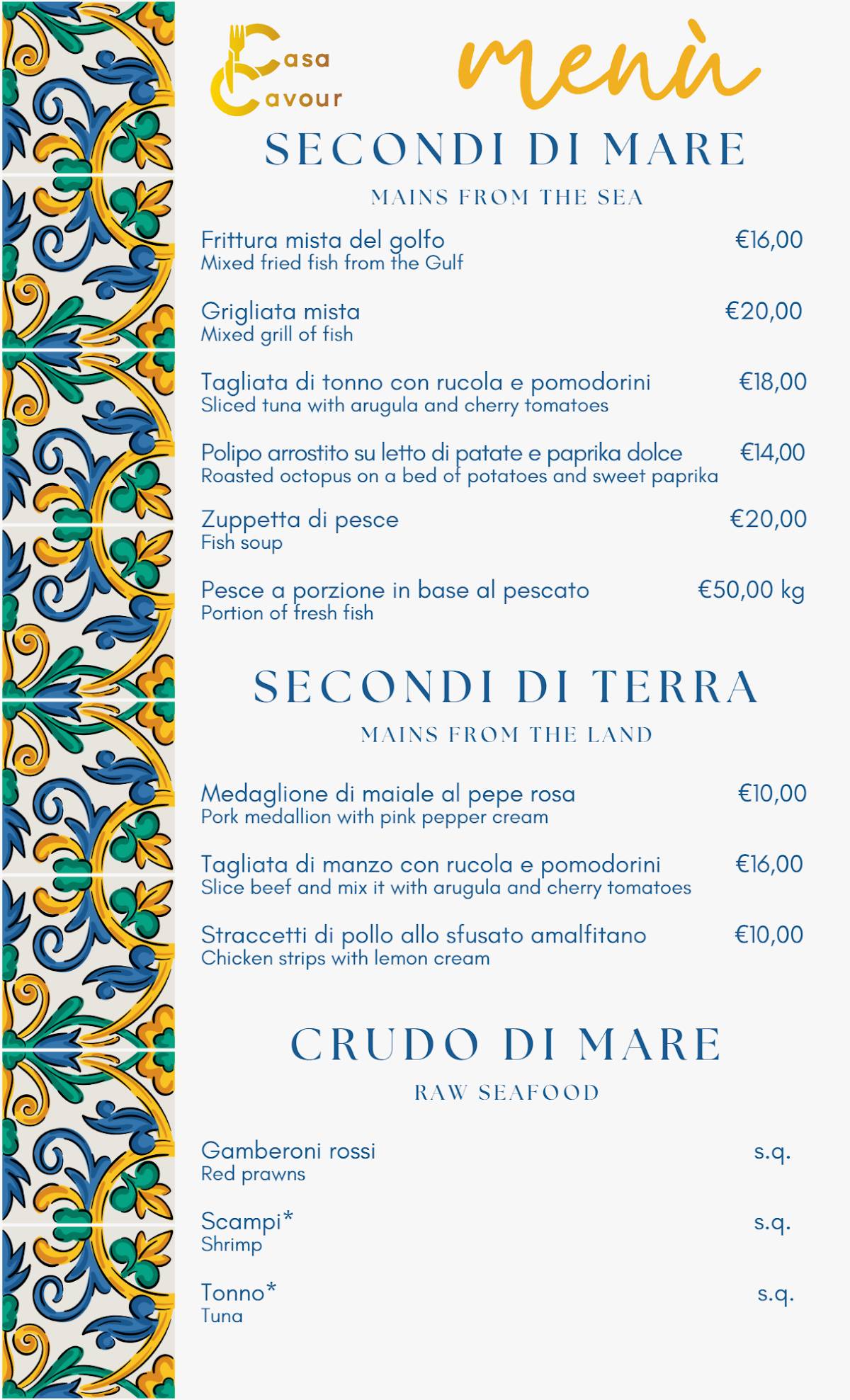 Menu di Casa Cavour 
