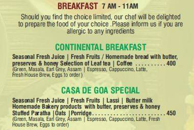 Casita Restaurant menu