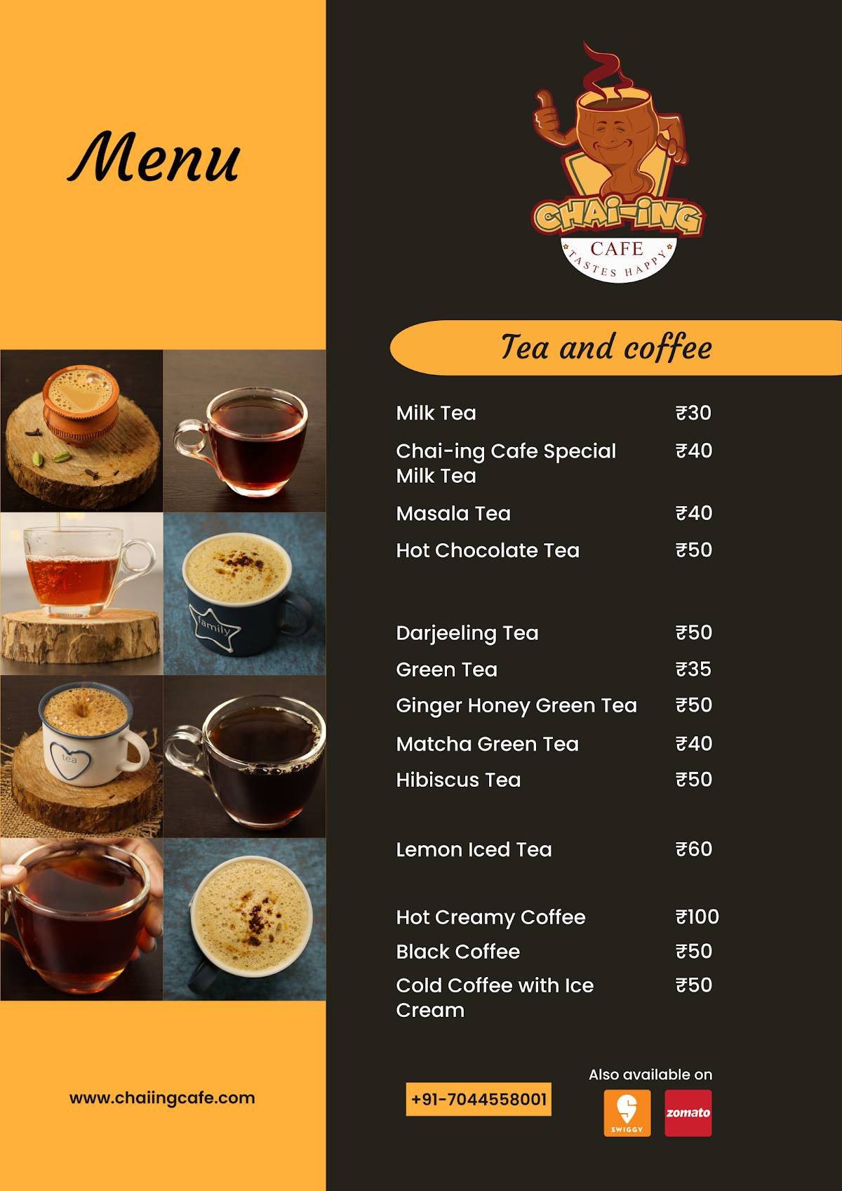 Chai-ing Cafe menu