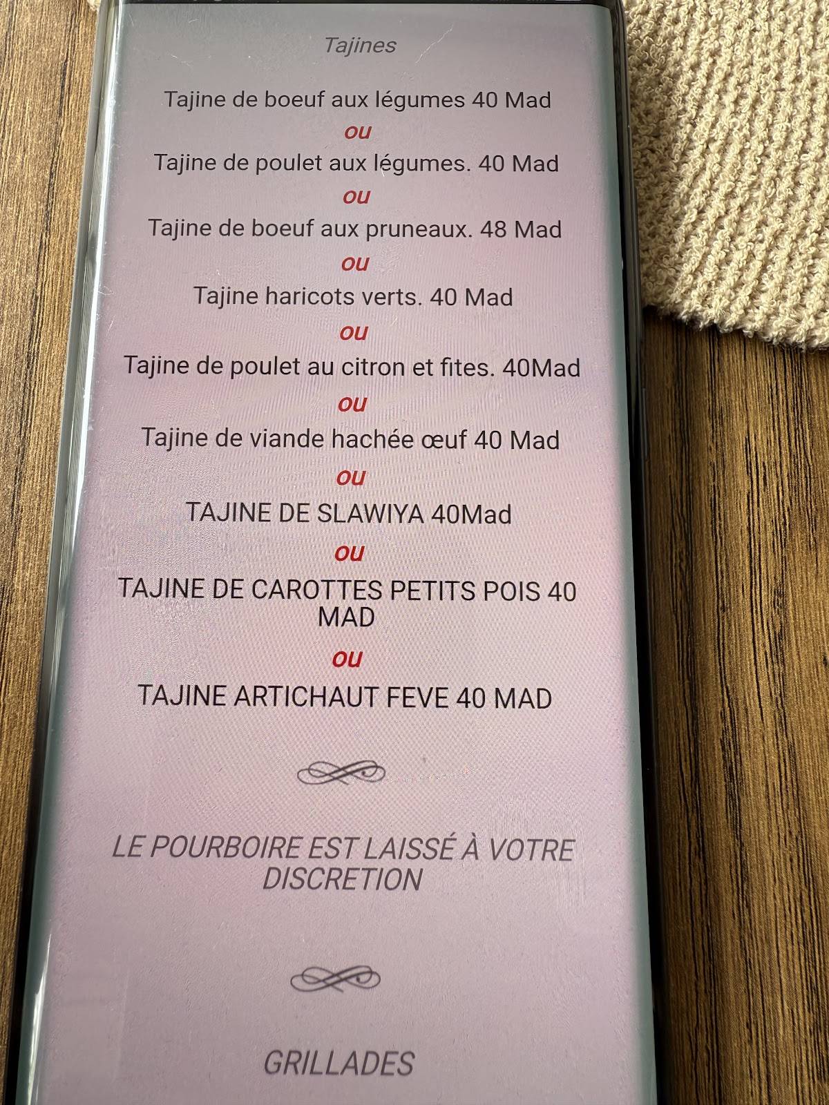 Menu de Chez Chihab