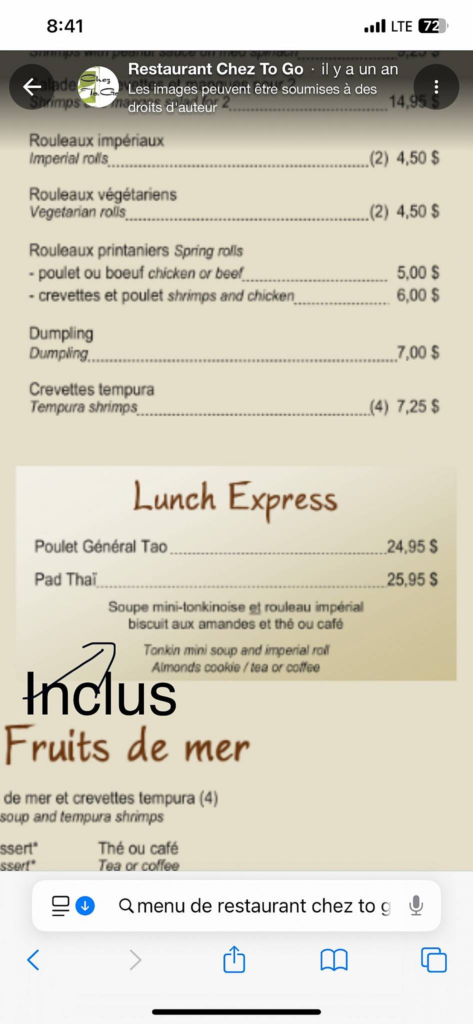 Menu de Restaurant Chez To Go