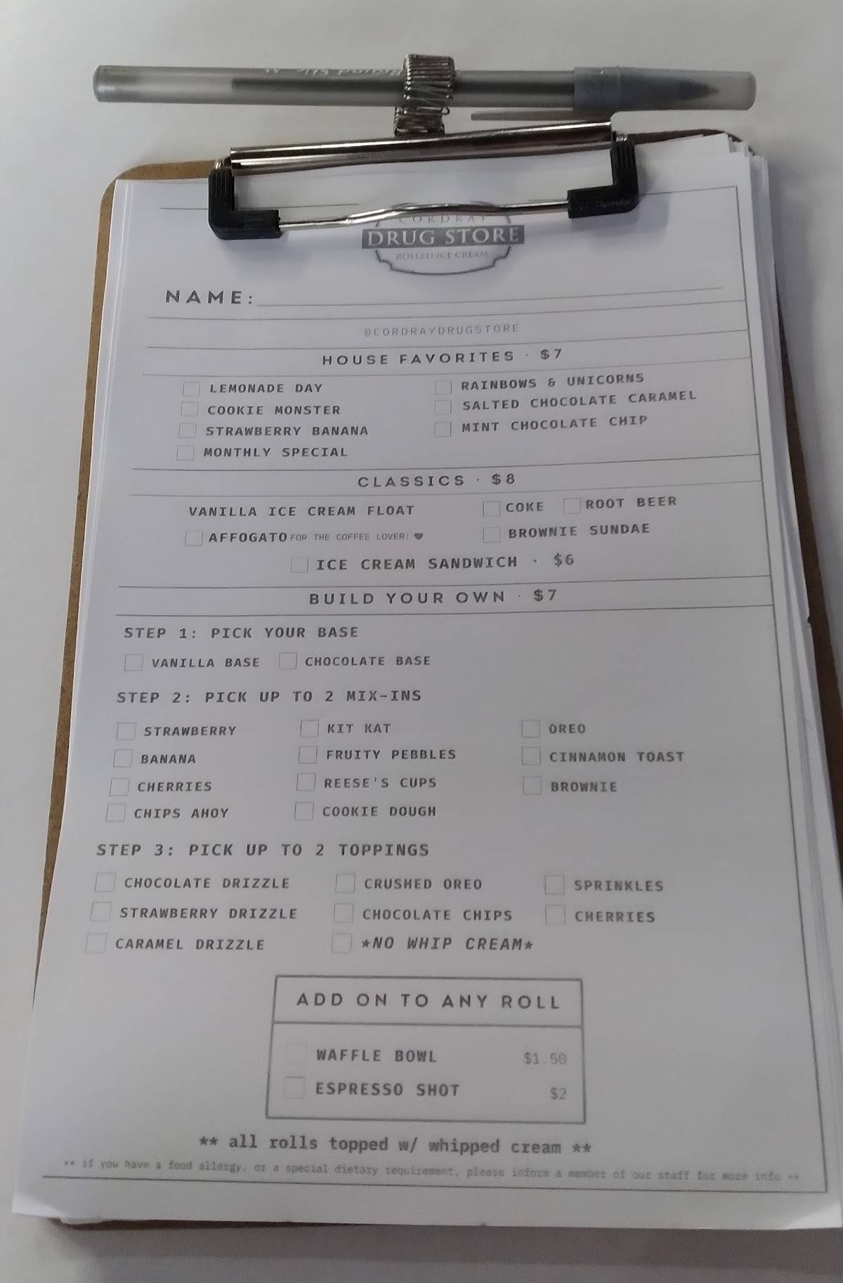 Menu at Cordray Drug Store restaurant, Galveston