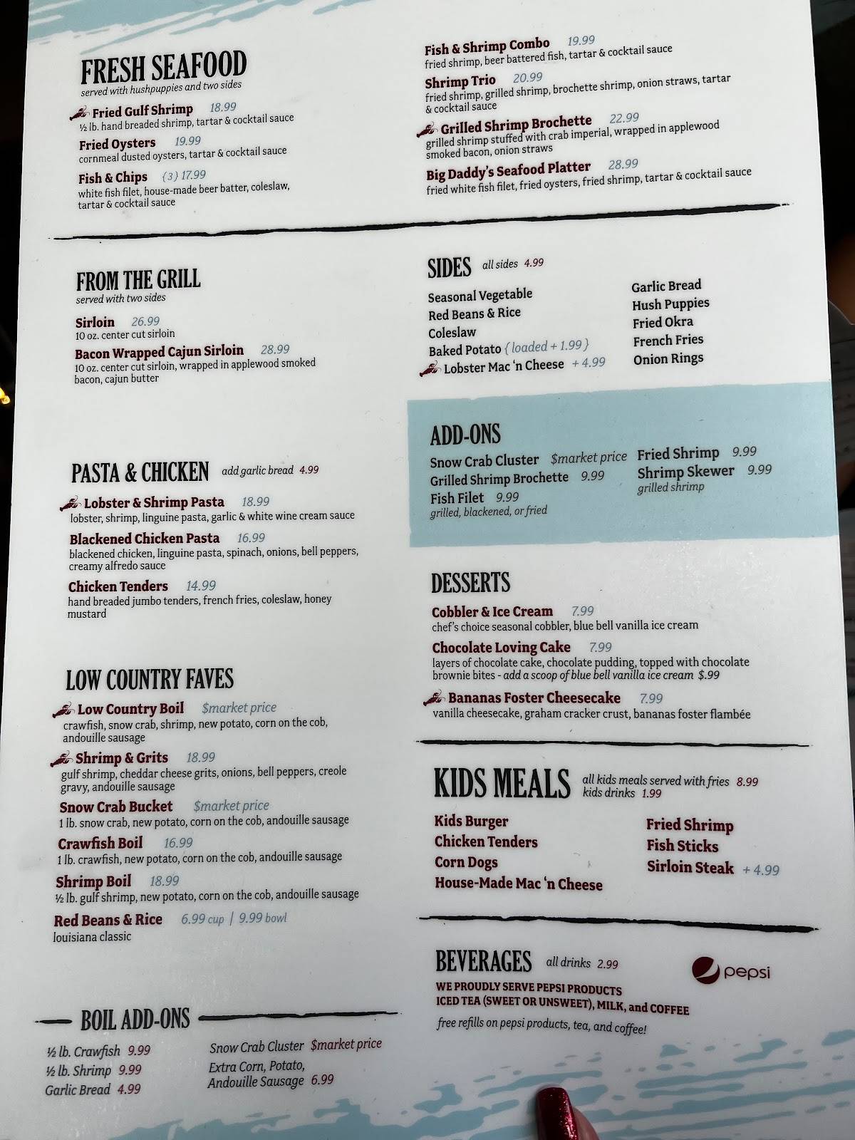 Menu at Crawdaddy’s Restaurant & Oyster Bar, Gatlinburg, 762 Parkway 5