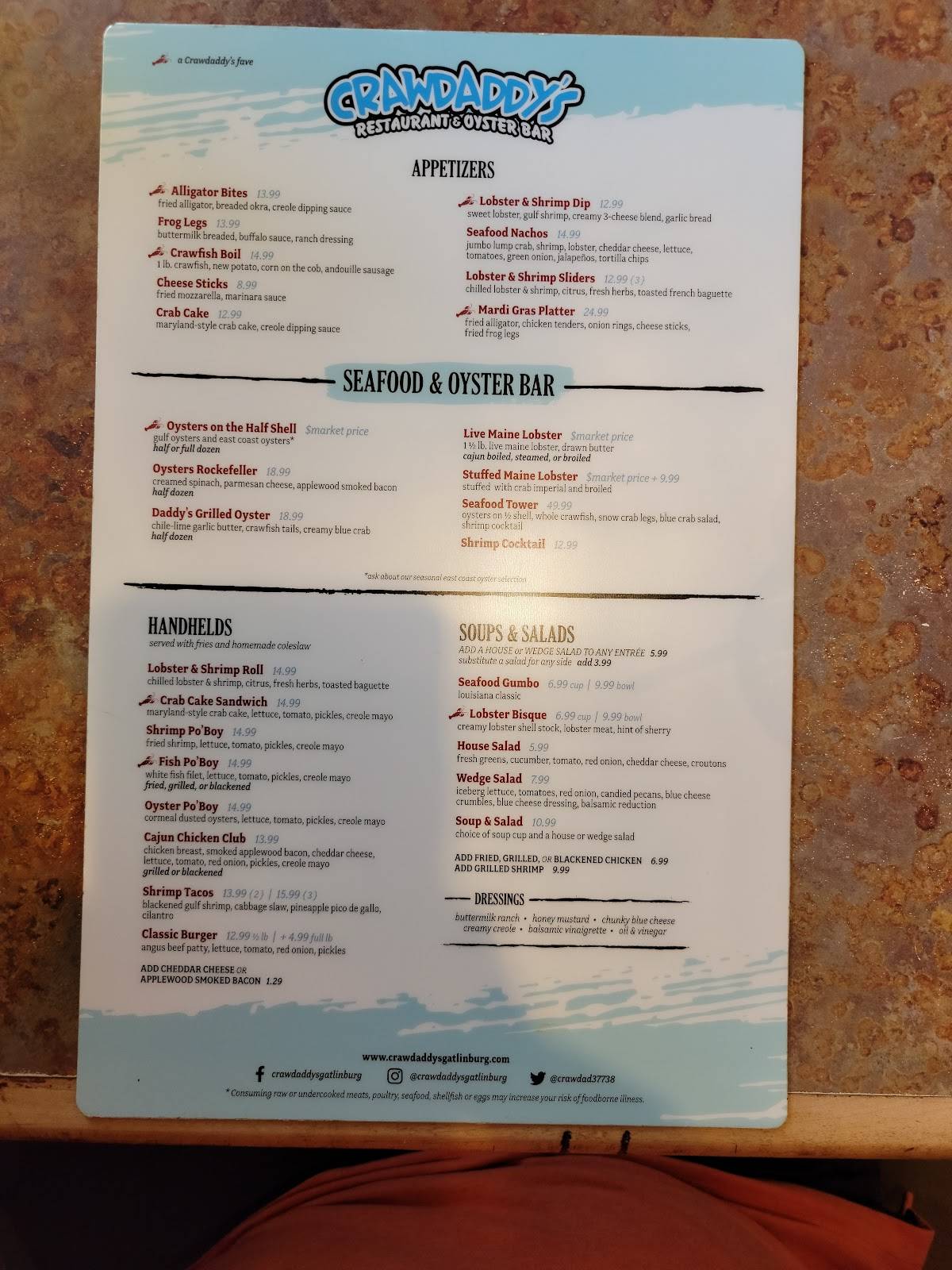 Menu at Crawdaddy’s Restaurant & Oyster Bar, Gatlinburg, 762 Parkway 5
