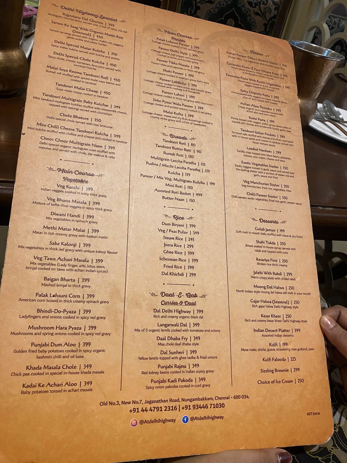 Delhi Highway Restaurant Nungambakkam menu