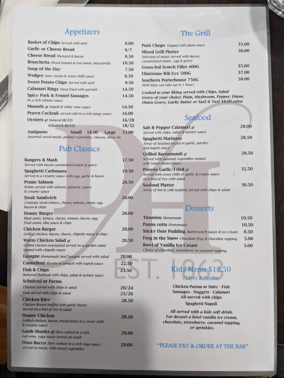 Menu at Donnybrook Hotel pub & bar, Donnybrook