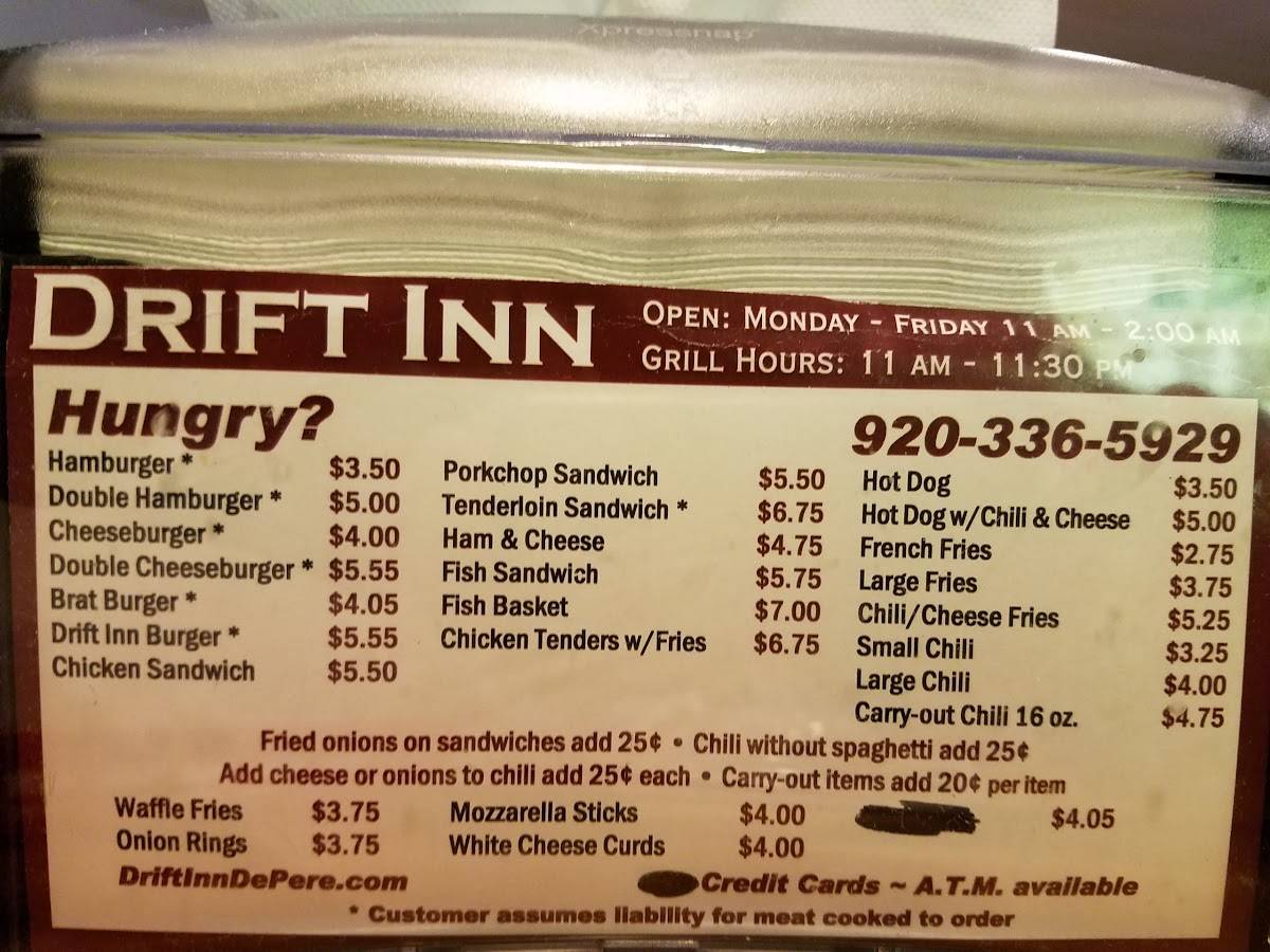 Menu at Drift Inn restaurant, De Pere