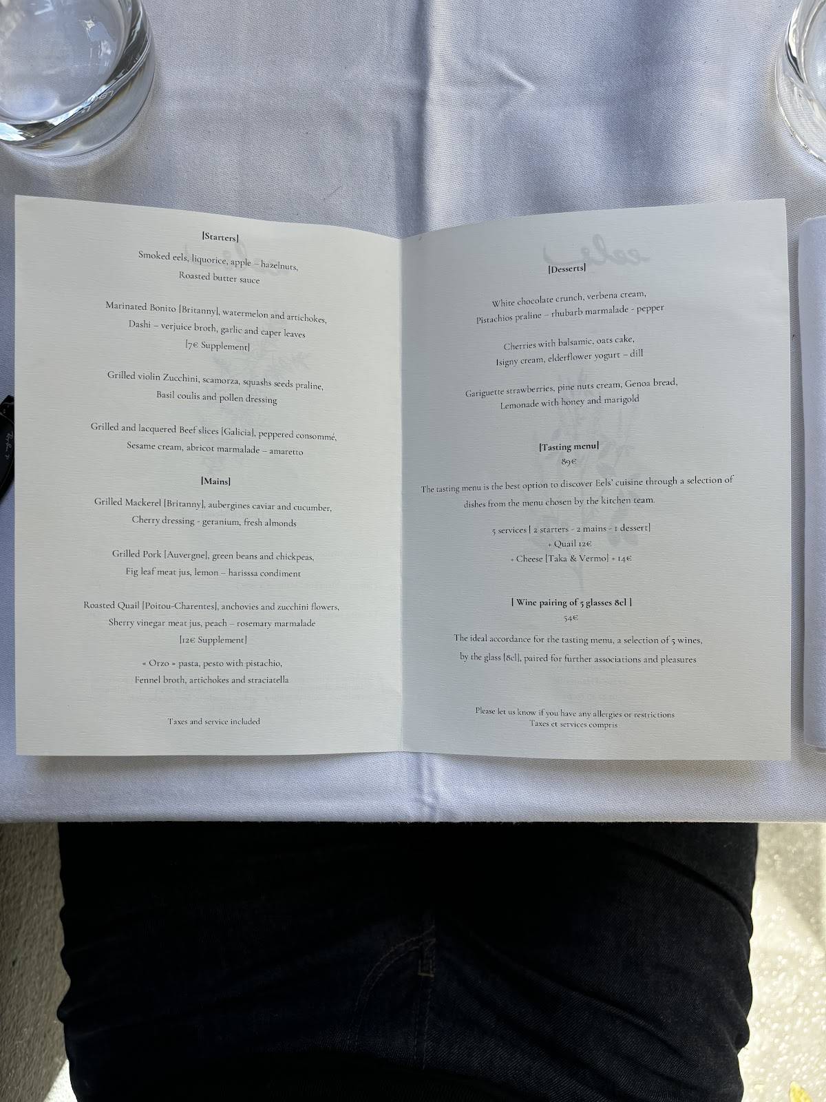 Menu de Restaurant Eels