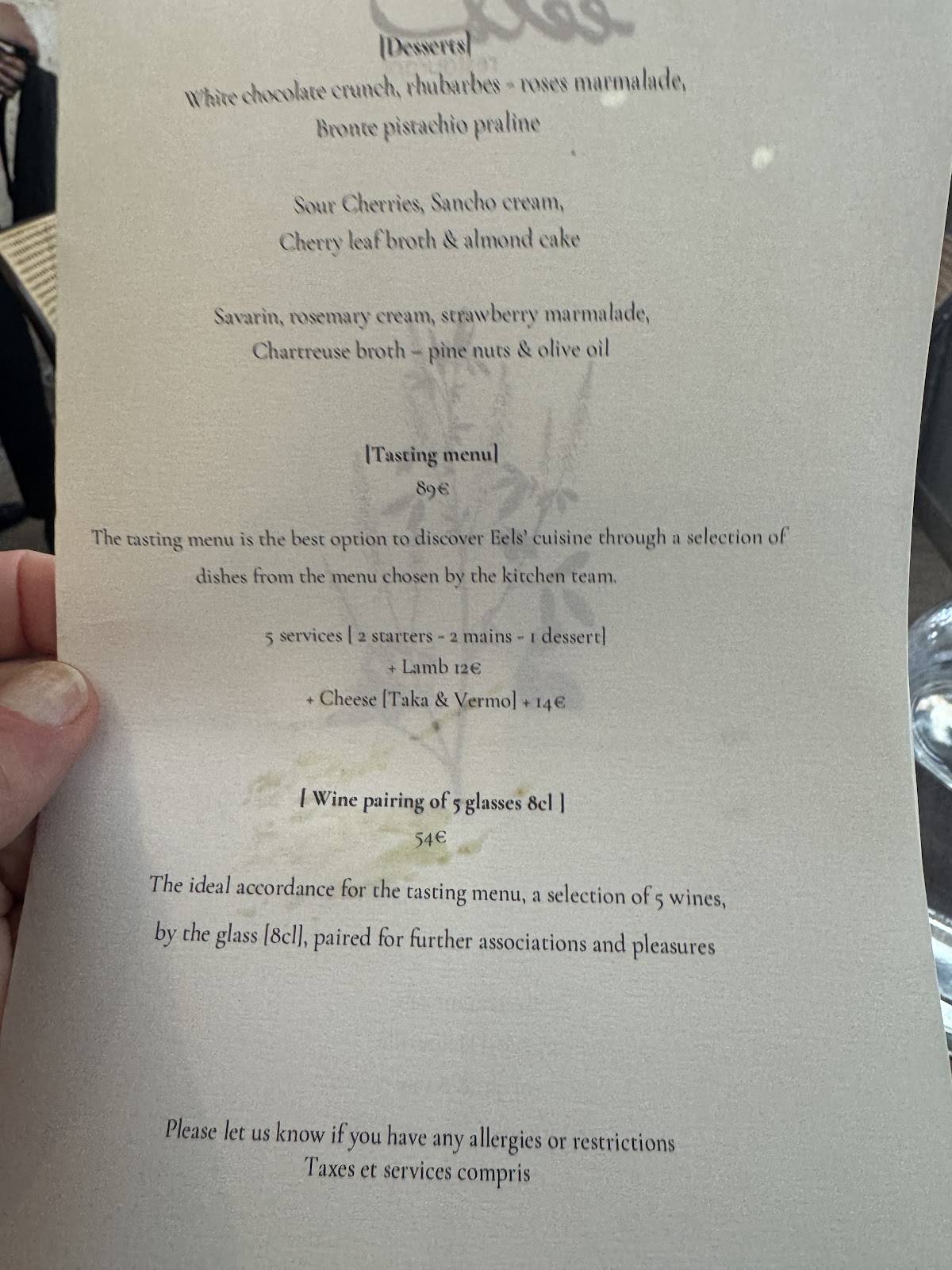 Menu de Restaurant Eels