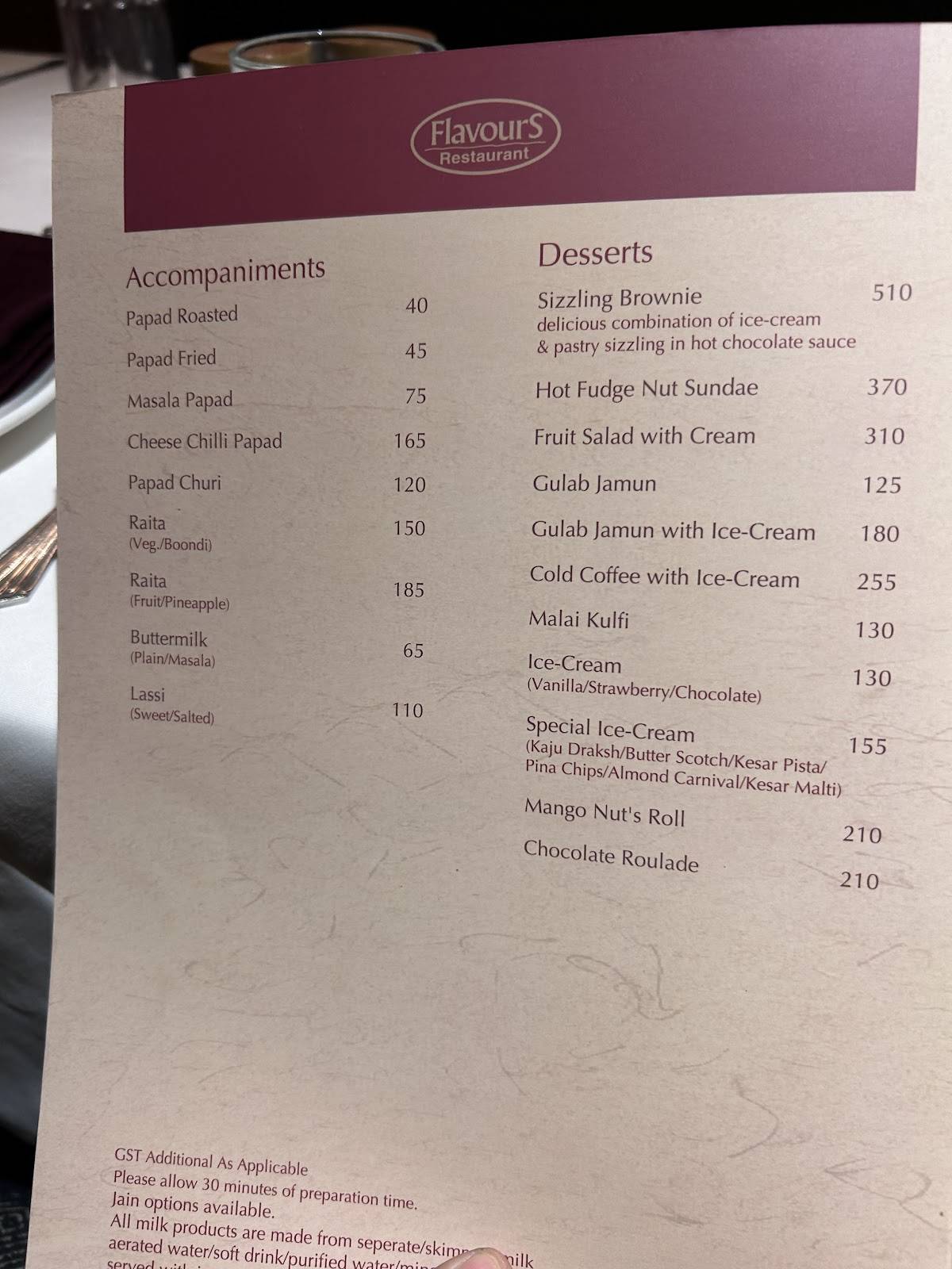 Flavours Restaurant menu