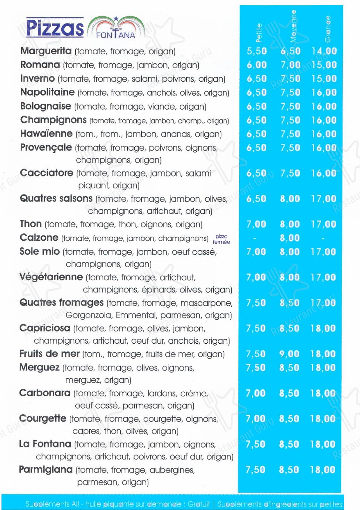 Menu pour La Fontana dans Liège