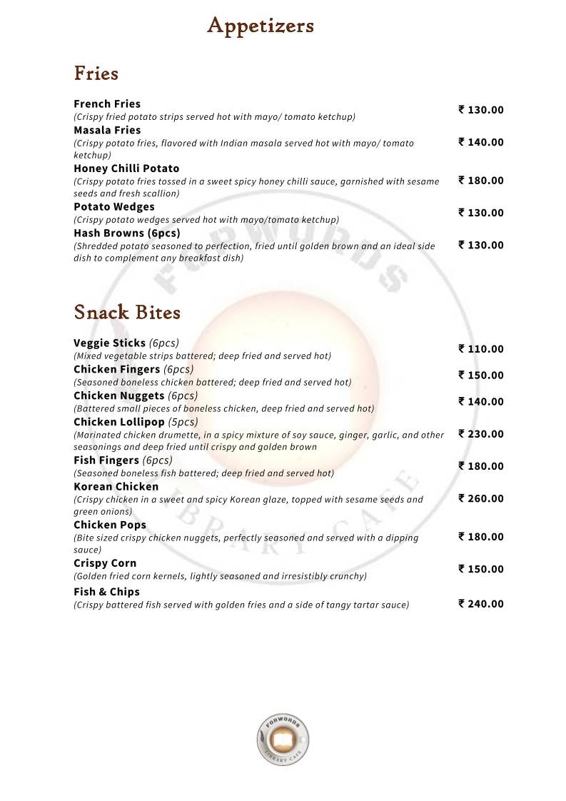 Forwords Library Cafe menu
