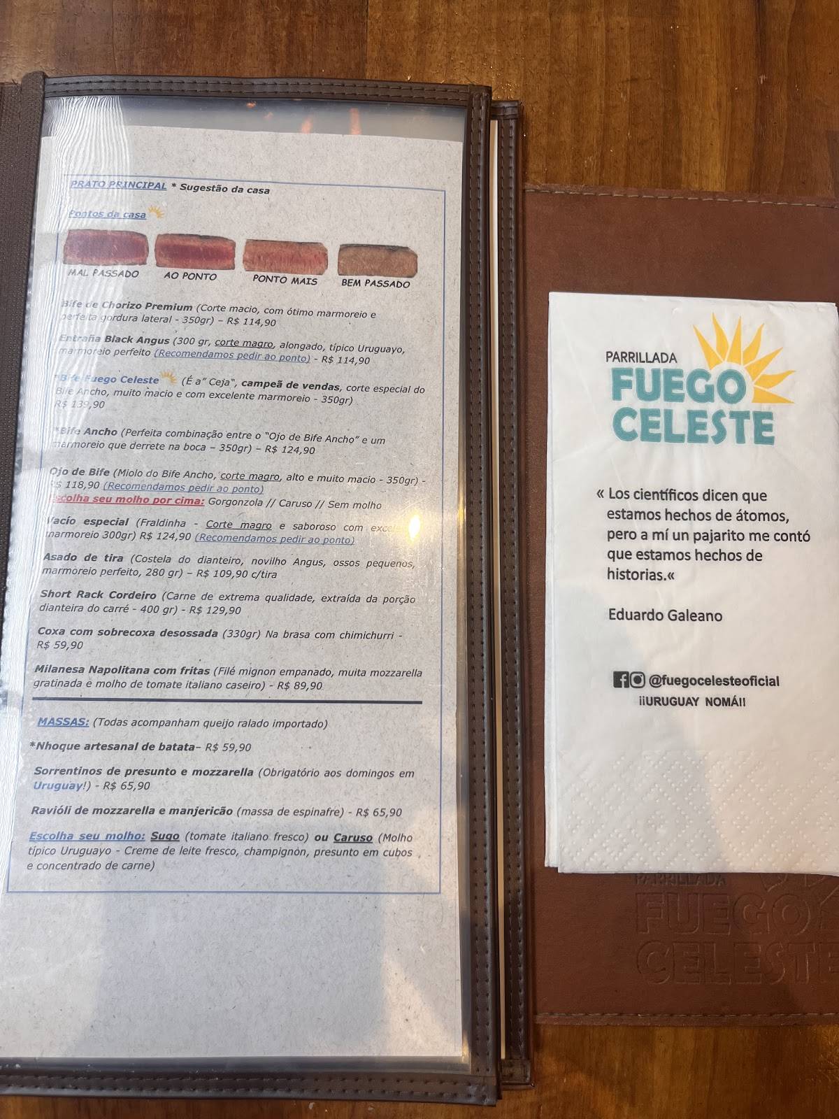 Parrillada Fuego Celeste - Unidade Moema cardápio