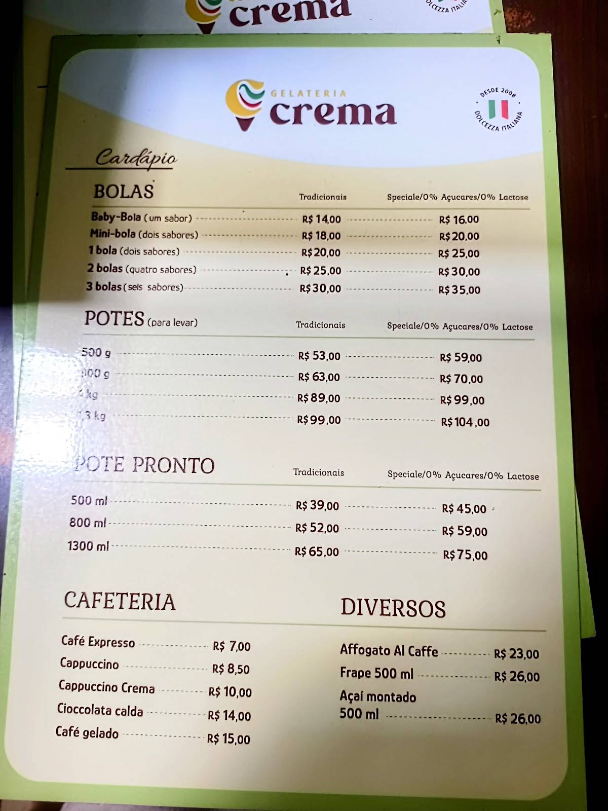 Crema & Cioccolato Alto da Glória cardápio