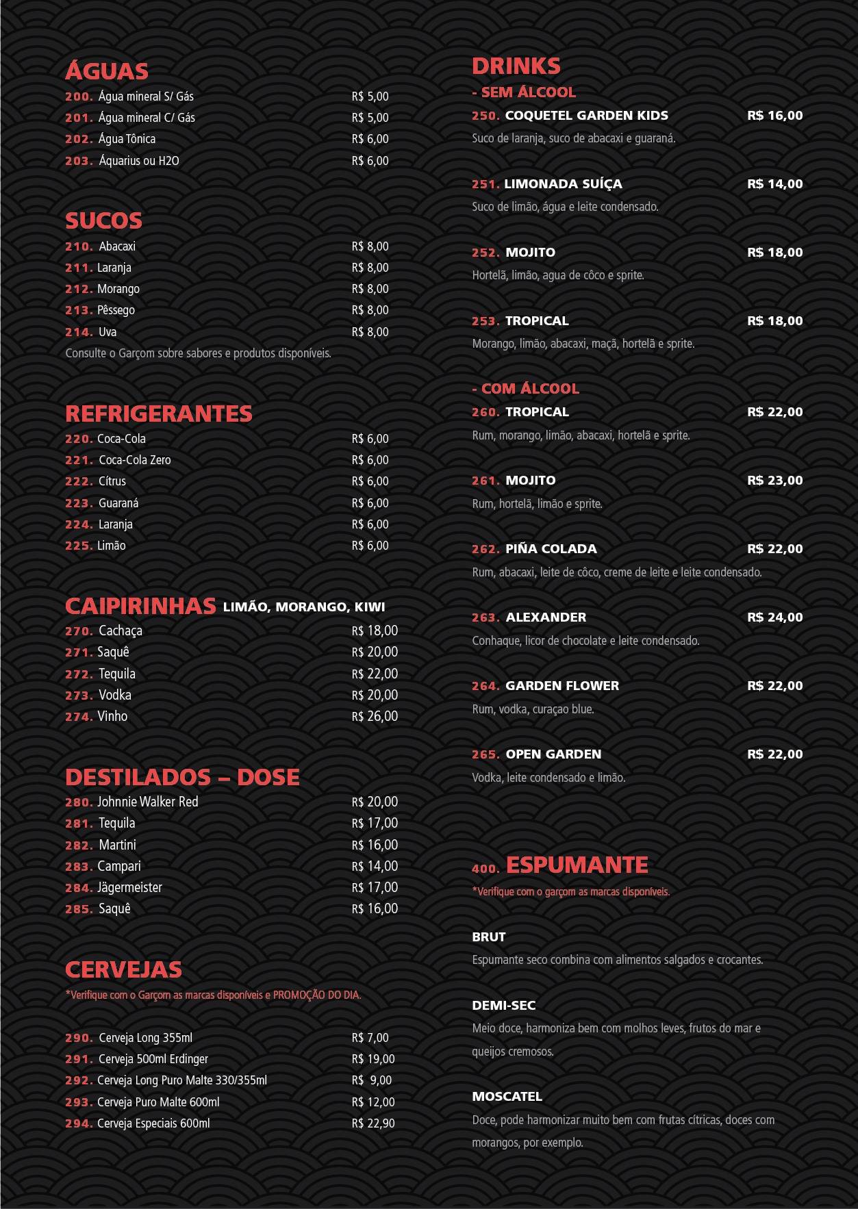 Garden Sushi Japonês - Restaurante Asiático em Erechim cardápio
