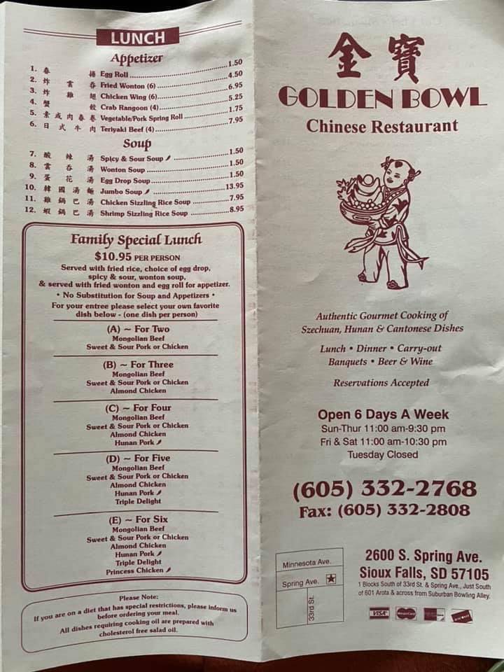 Menu at Golden Bowl Restaurant, Sioux Falls