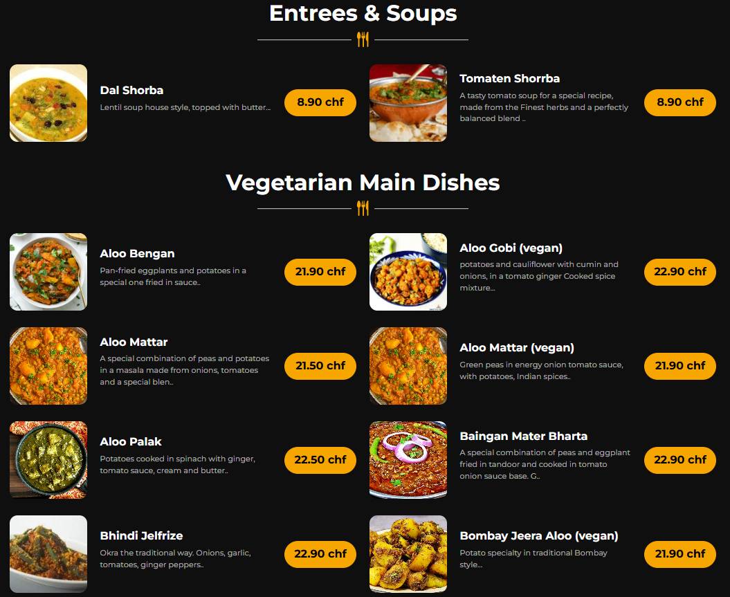 Menu di India4U Bern – Authentic Indian Restaurant & Curry House. 