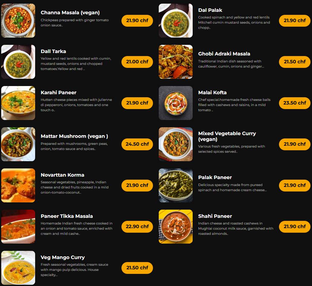 Menu di India4U Bern – Authentic Indian Restaurant & Curry House. 
