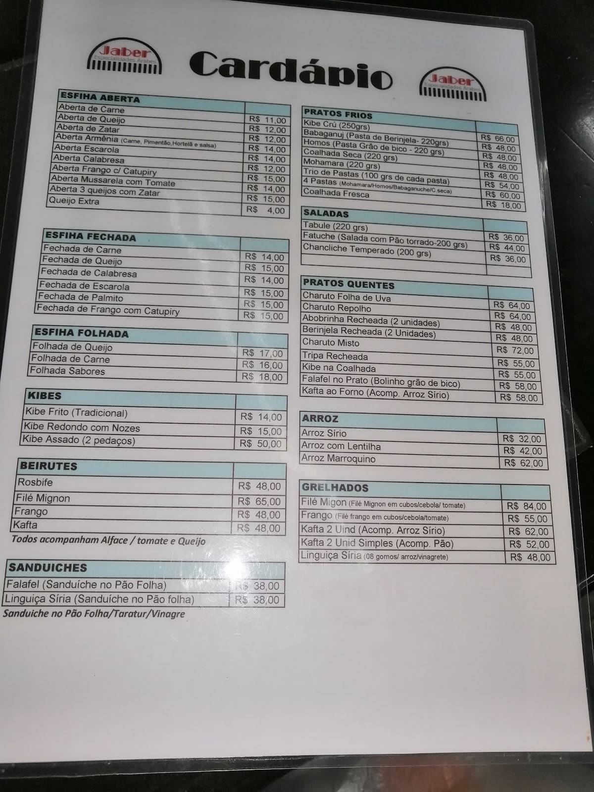 Jaber cardápio