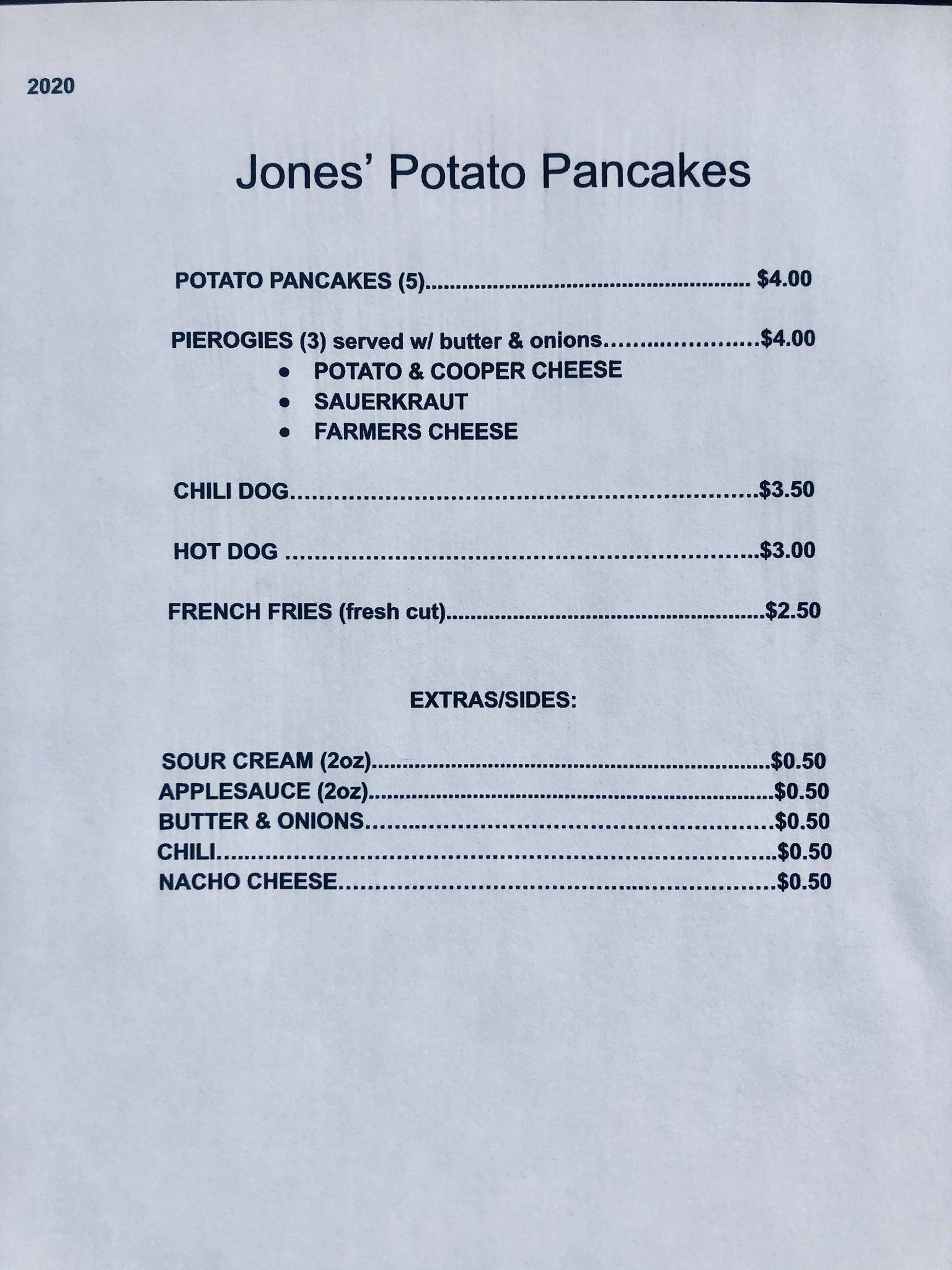 Menu at Jones' Potato Pancakes restaurant, Harveys Lake, 43 Lakeside Dr