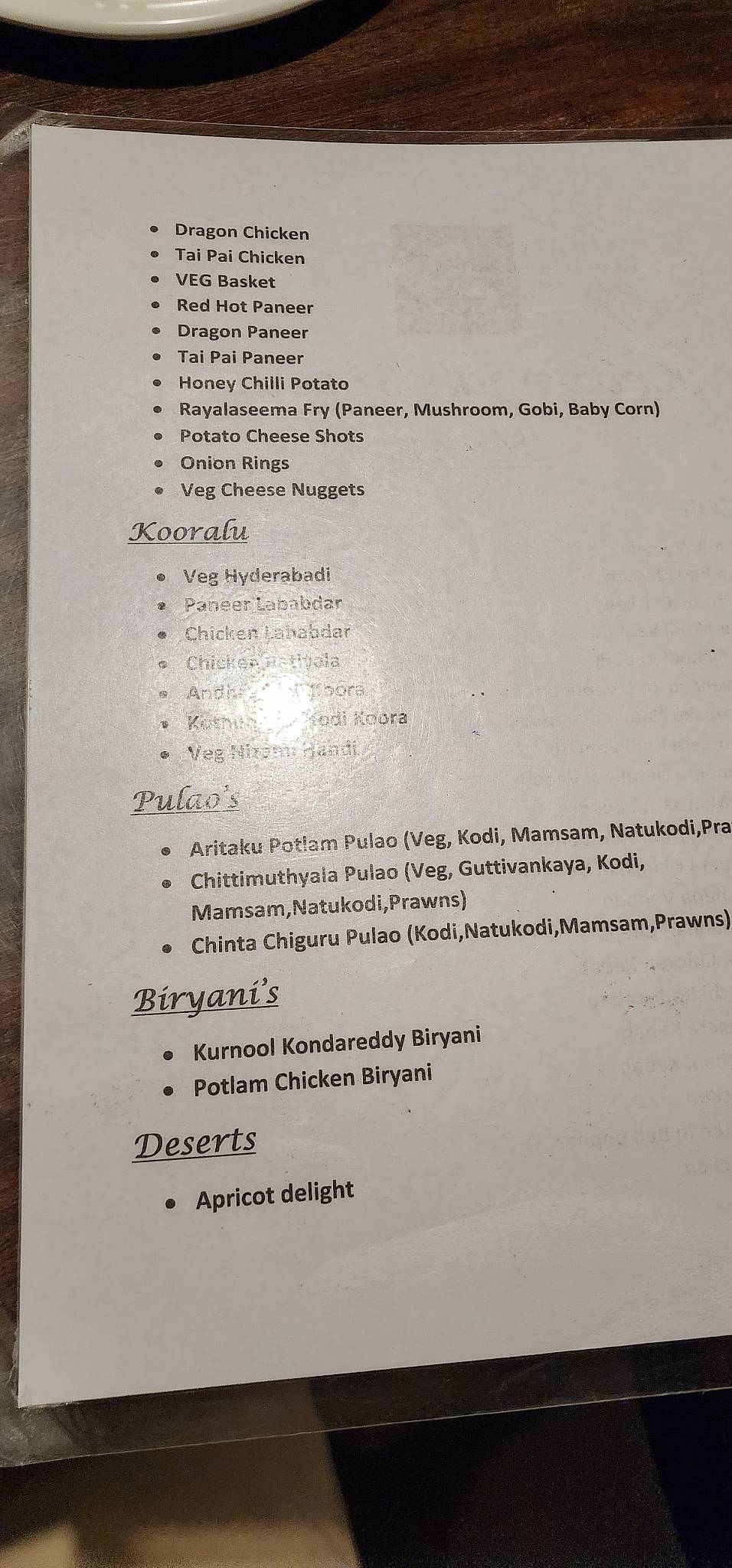 Kritunga Restaurant menu