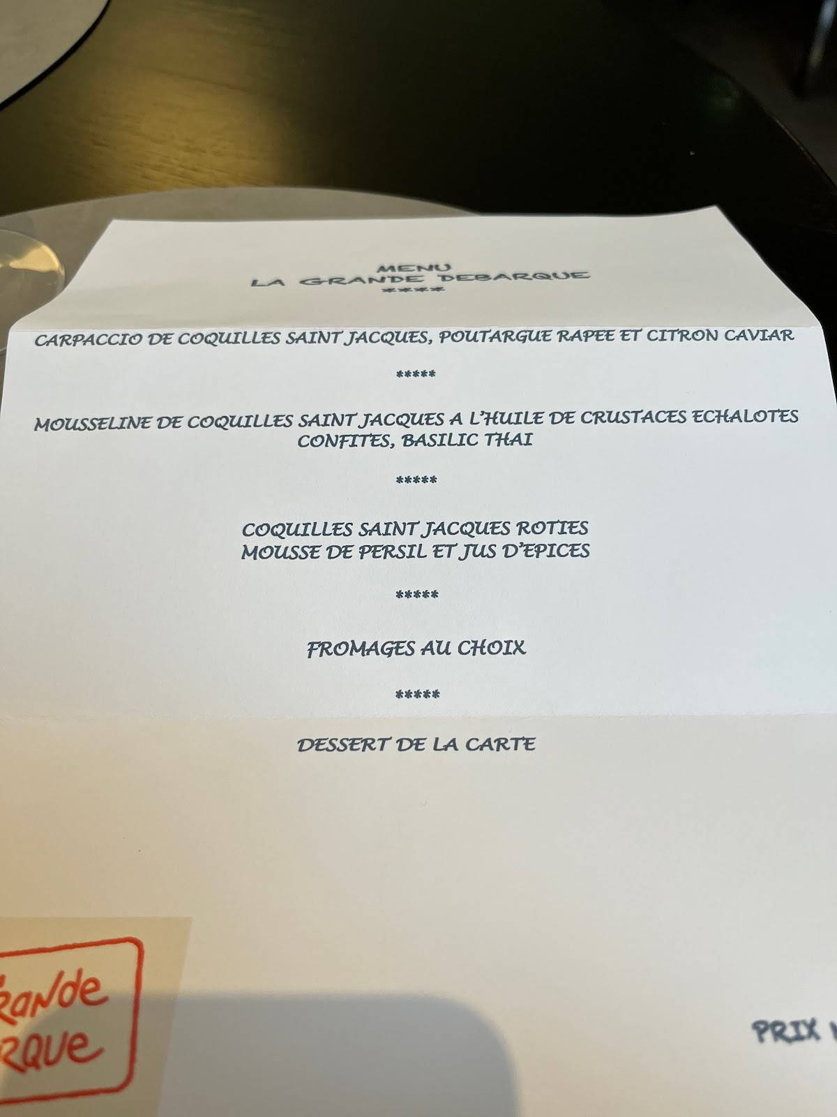 Menu de L'Océanic