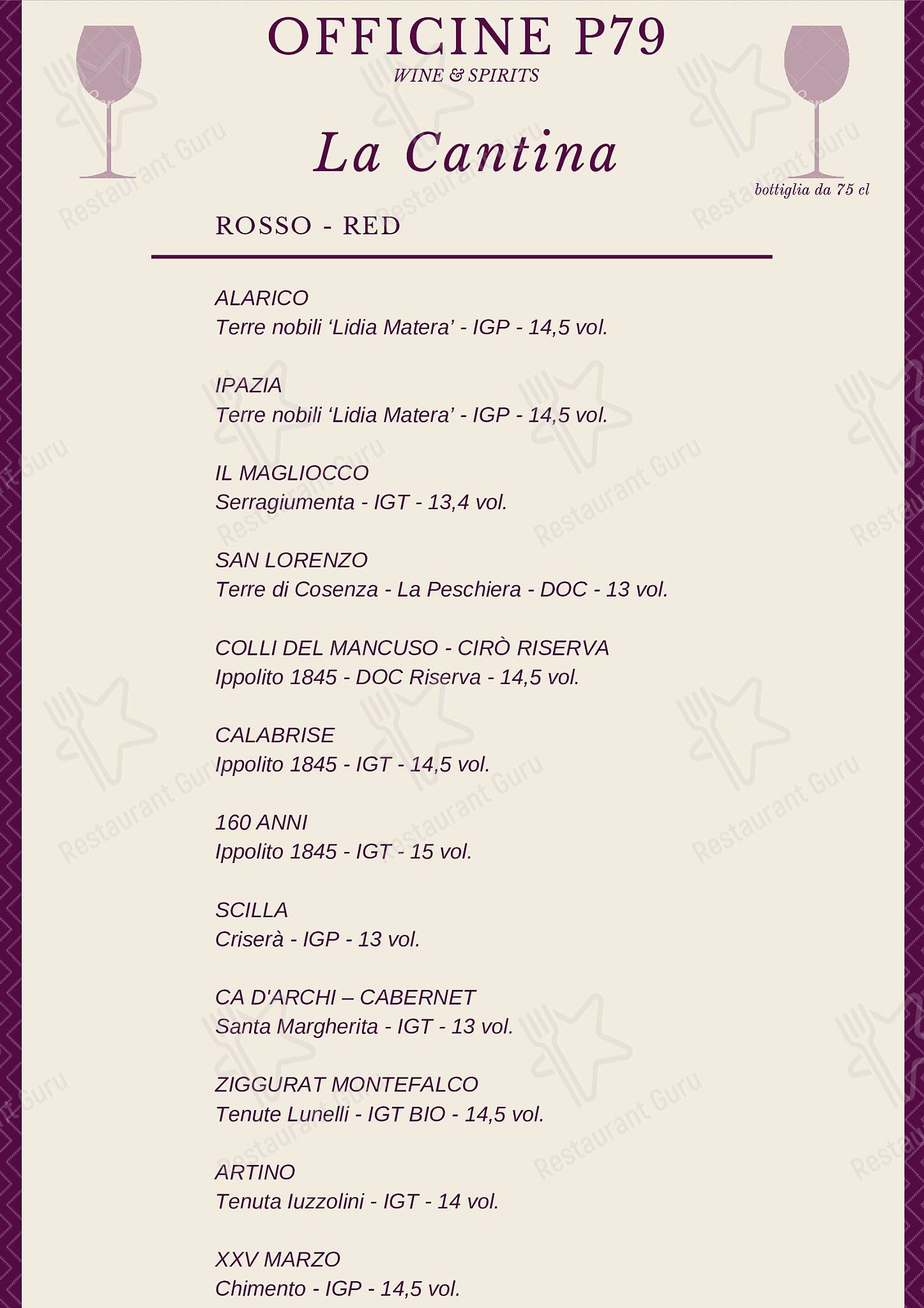 Menu di Officine P79 wine&amp;spirits 