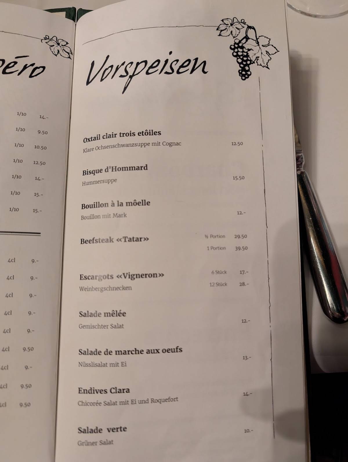 Menu di Restaurant La Côte 