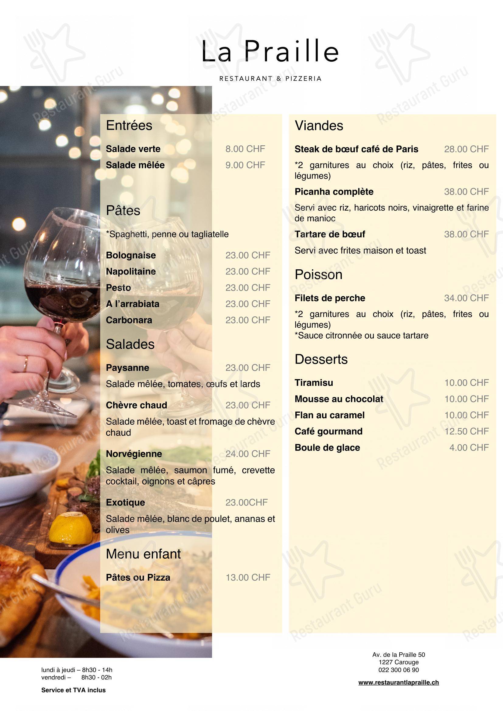 Restaurant La Praille in Carouge - Menu