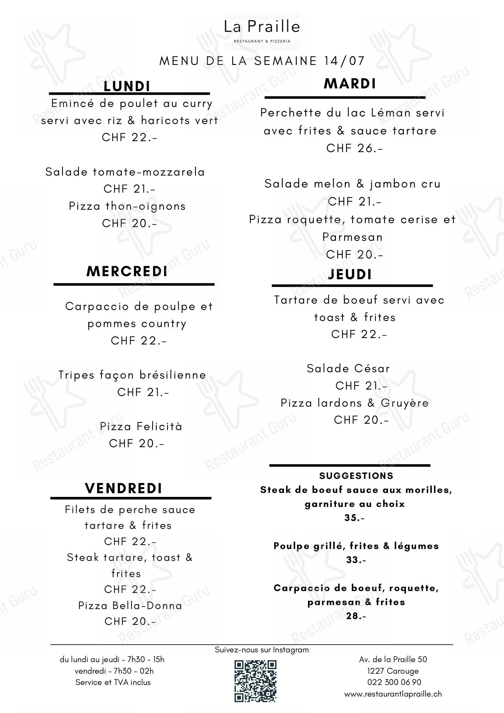 Restaurant La Praille in Carouge - Menu bar