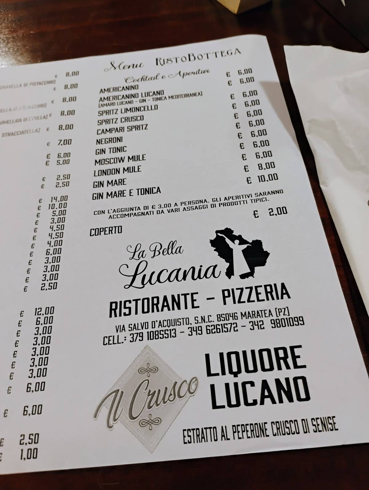 Menu di La bella Lucania RistoBottega 