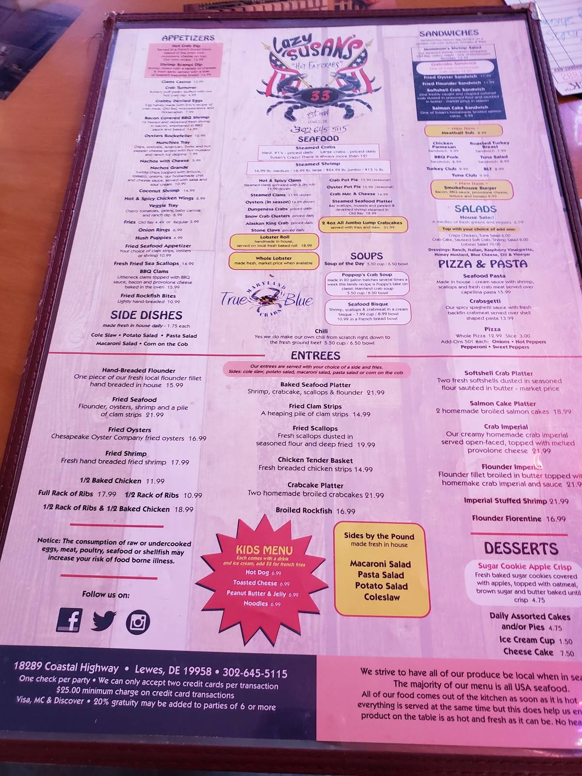 Menu at Lazy Susans restaurant, Lewes, Coastal Hwy