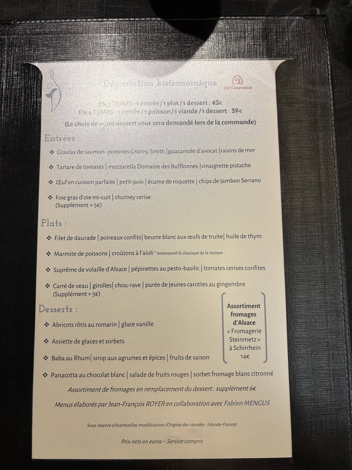 Menu de Restaurant Le Cygne